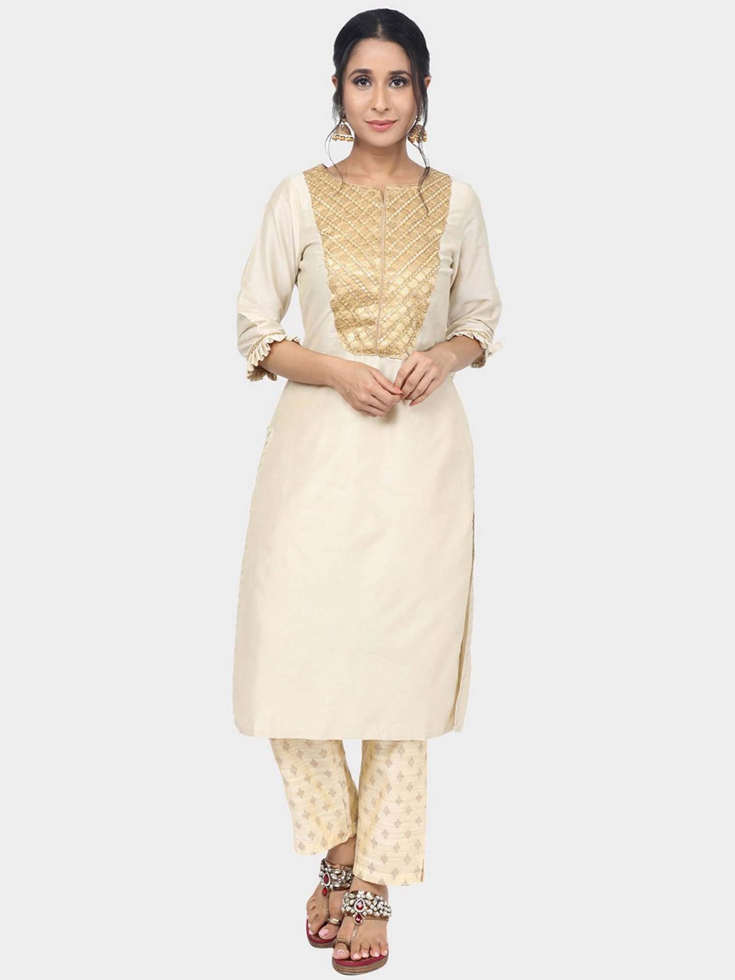Paislei Beige Kurta Pant Set