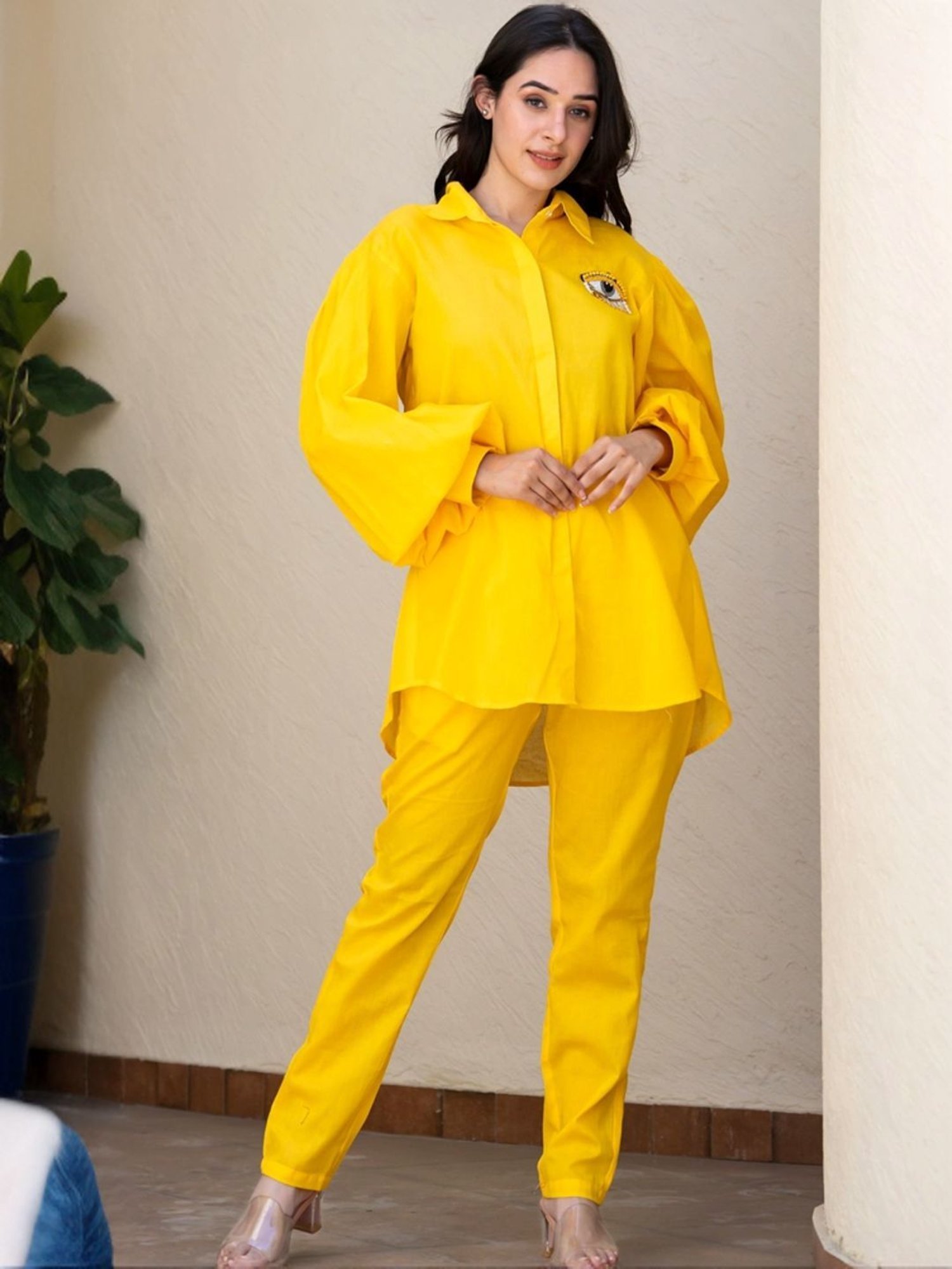 HOUSE OF JAMOTI Yellow Cotton Embellished Tunic Pant Set