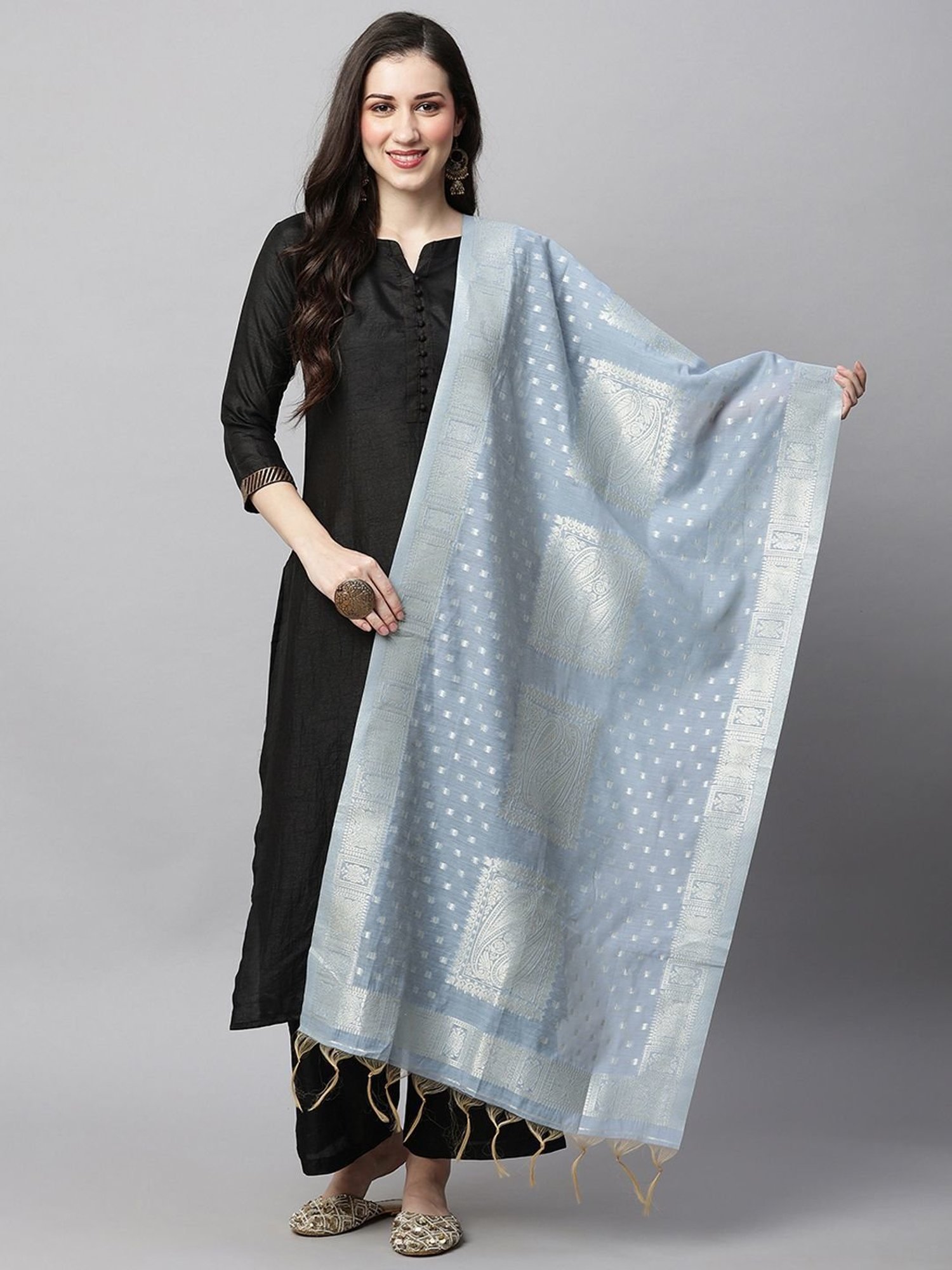Indo Era Blue Woven Pattern Dupatta