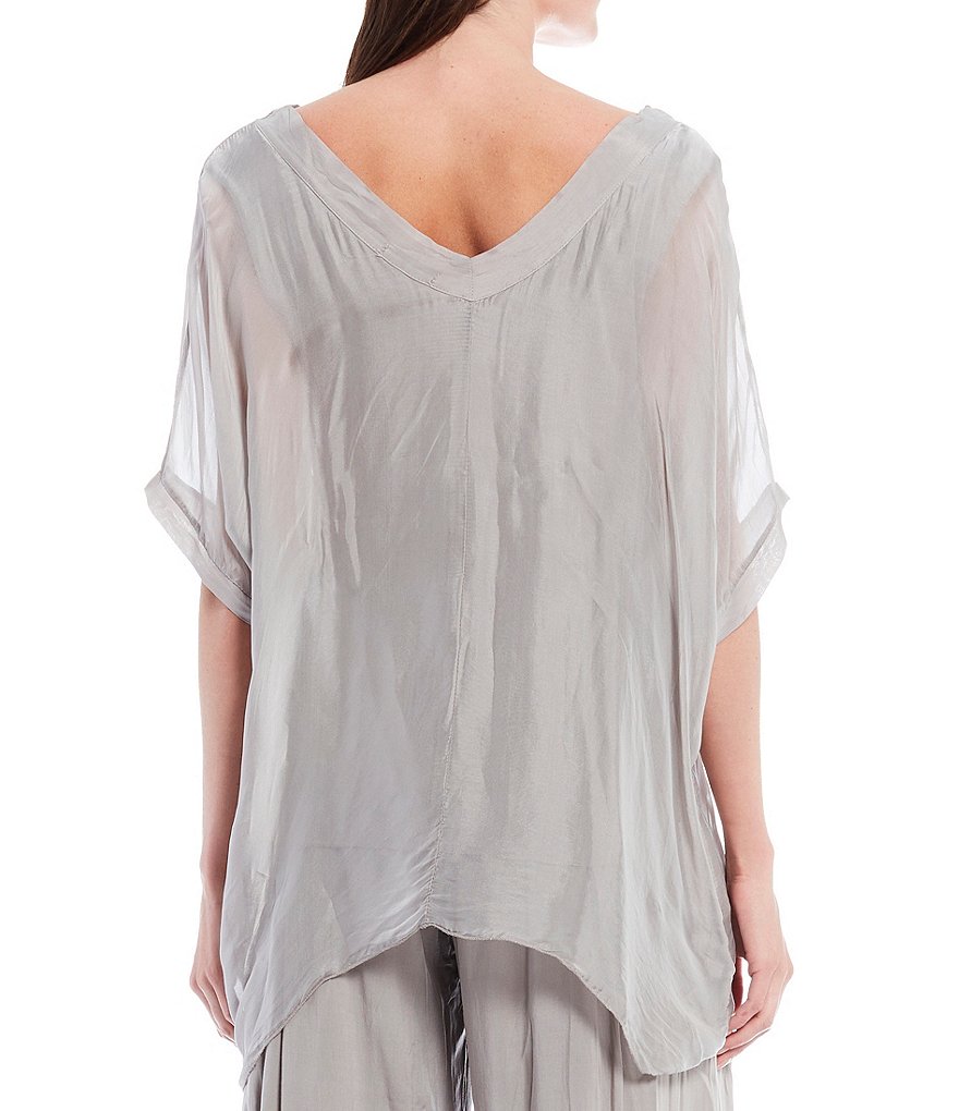M Made in Italy V-Neck Sheer Sleeve Sharkbite Hem Silky Woven Top