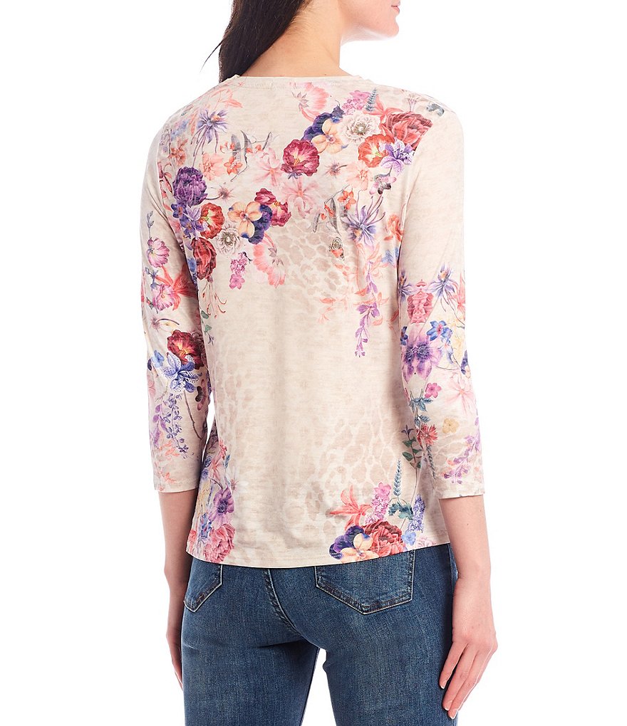 Reba Crystal Embellished 3/4 Sleeve Mixed Print Burnout Jersey Knit Tee