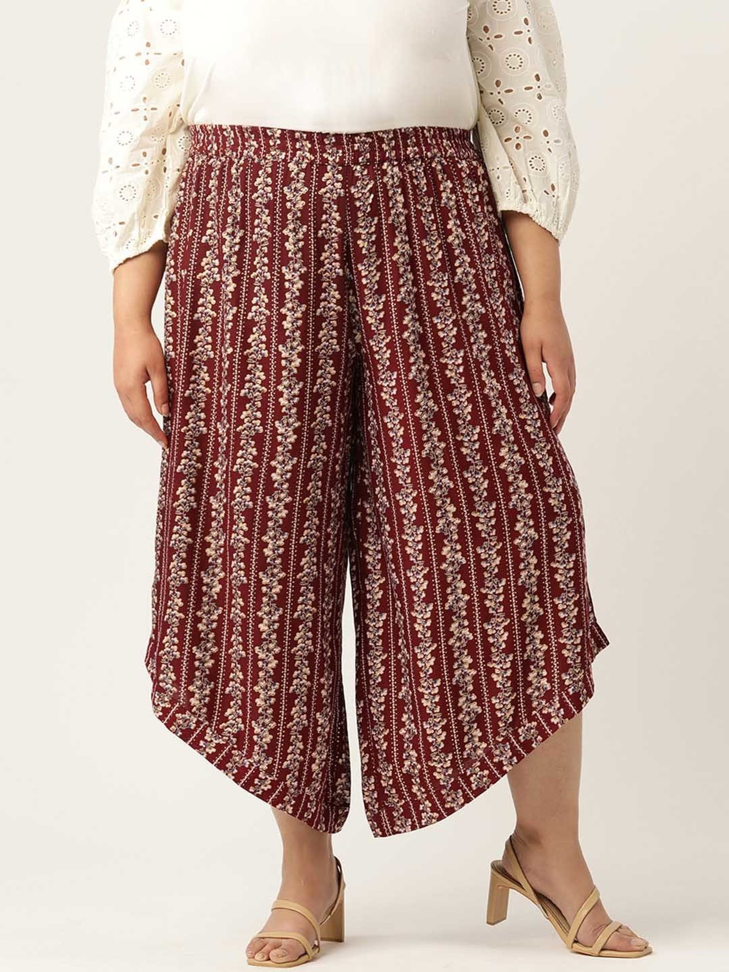 theRebelinme Maroon Floral Print Relaxed Fit High Rise Plus Size Culottes