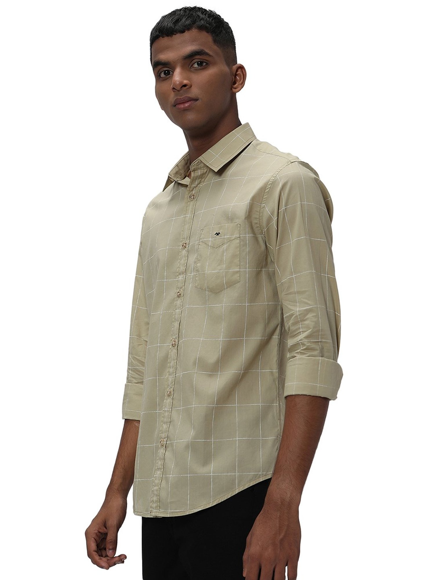 Mufti Light Khaki Slim Fit Check Cotton Shirt