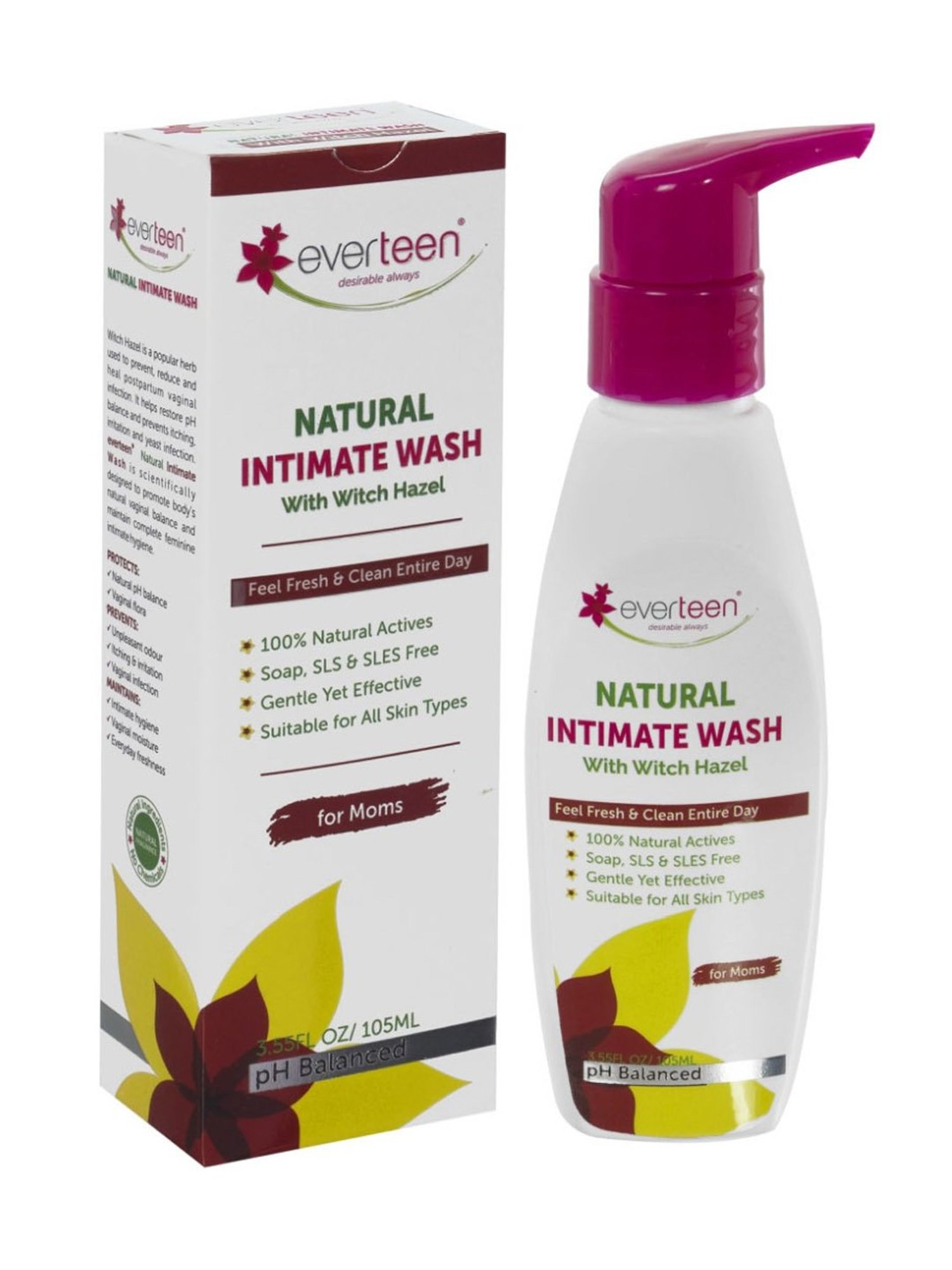 everteen Witch Hazel Natural Intimate Wash for Feminine Hygiene in Moms - 105 ml Each (Pack of 2)