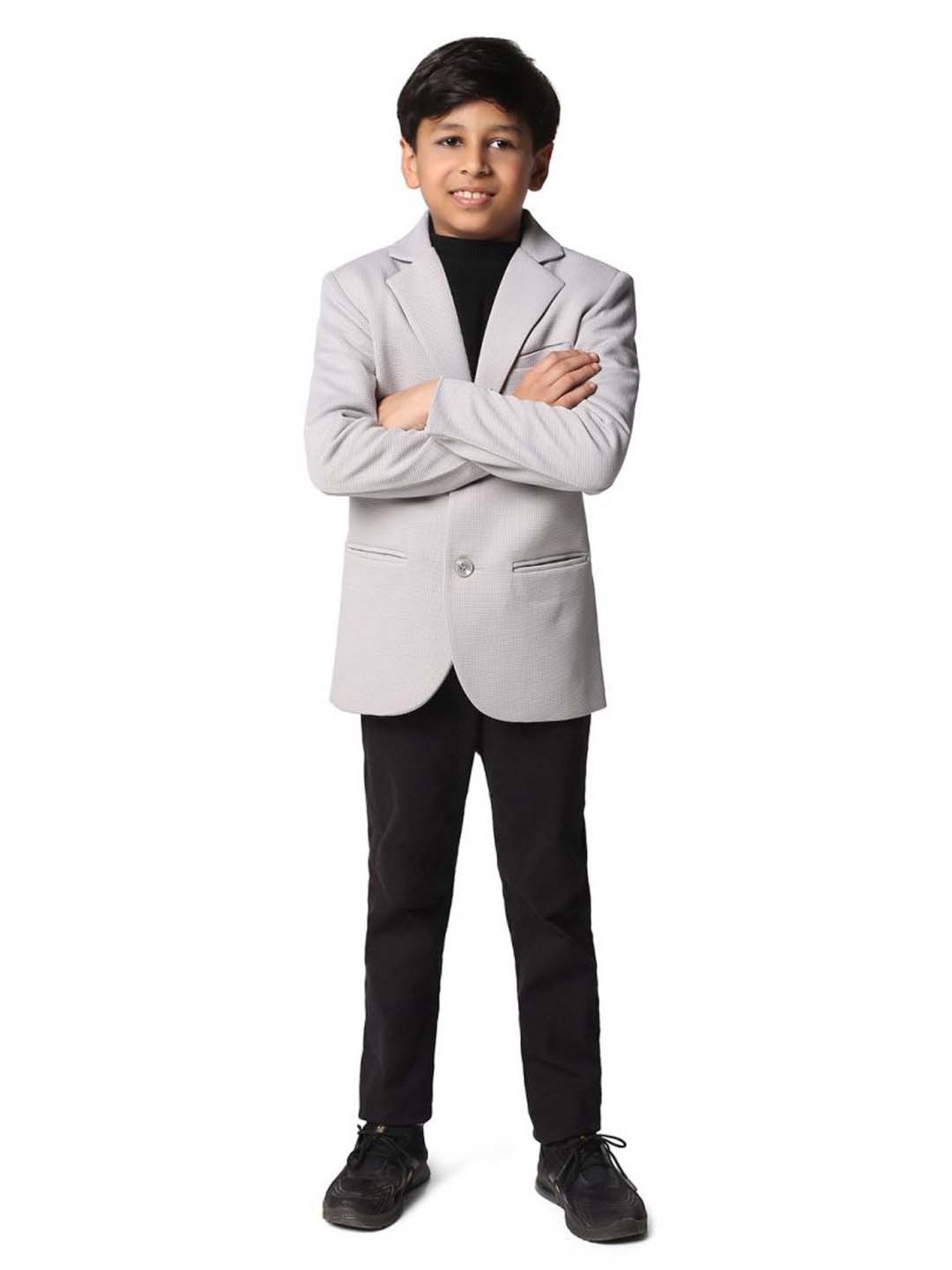 TAHVO Kids Ash Grey Slim Fit Full Sleeves Blazer