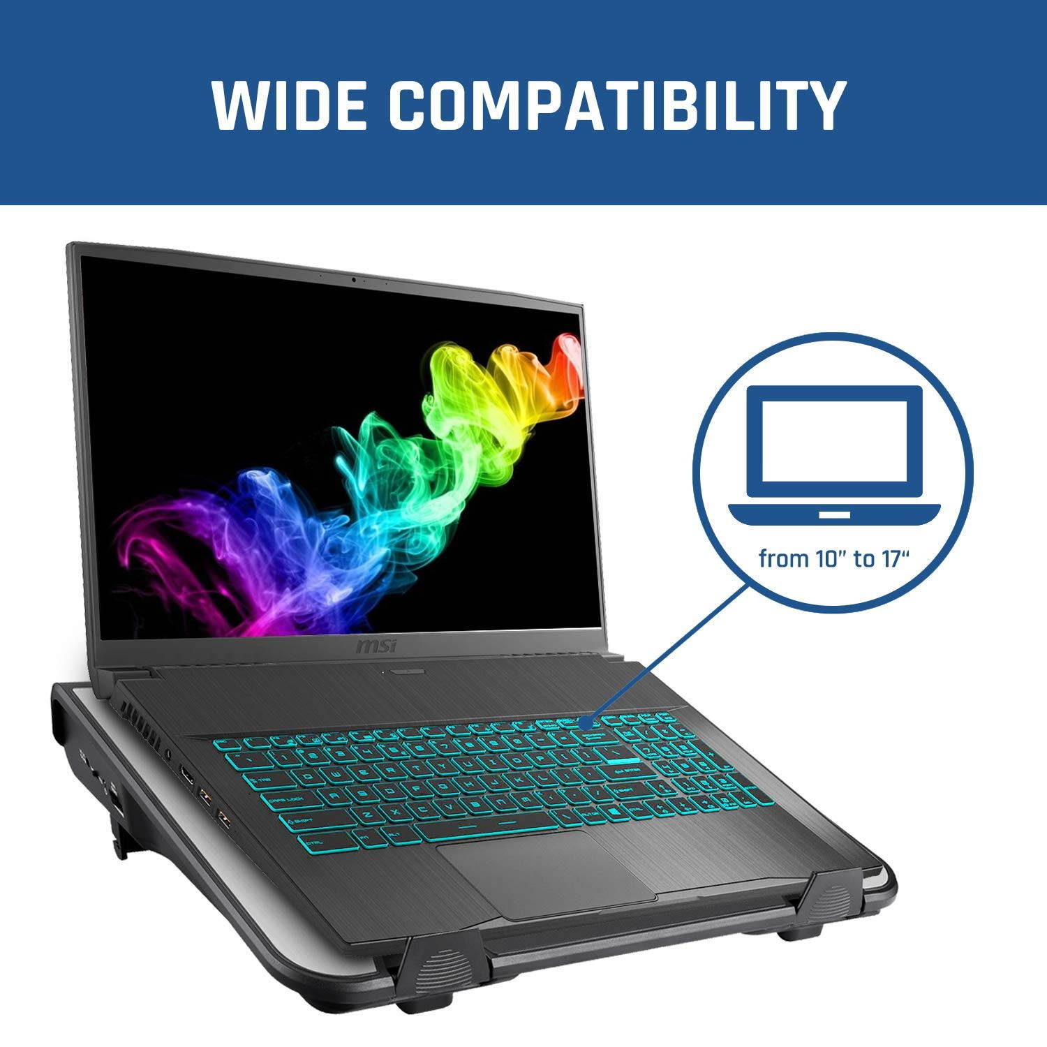 Airflow + Cool Air goes in, Hot Air Gets Out + Get The Best Cooler for Your Laptop + Innovative Cross Flow Turbines for High Performance + Materials + 10-17"