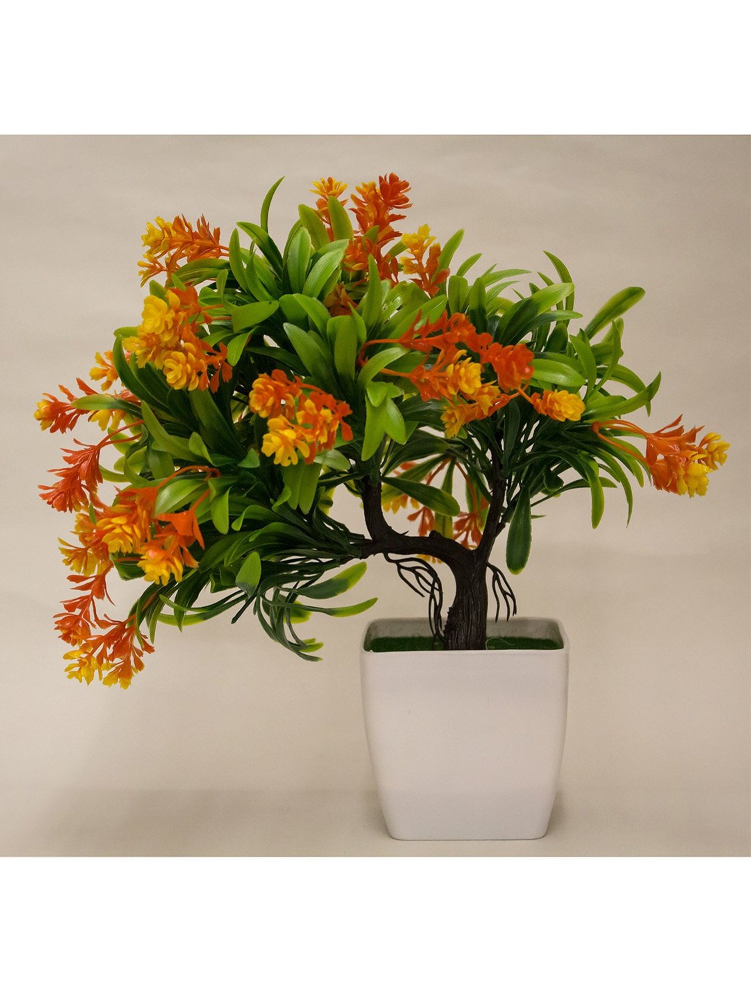 Amflix Orange Artificial Bonsai Flower Plant With Pot