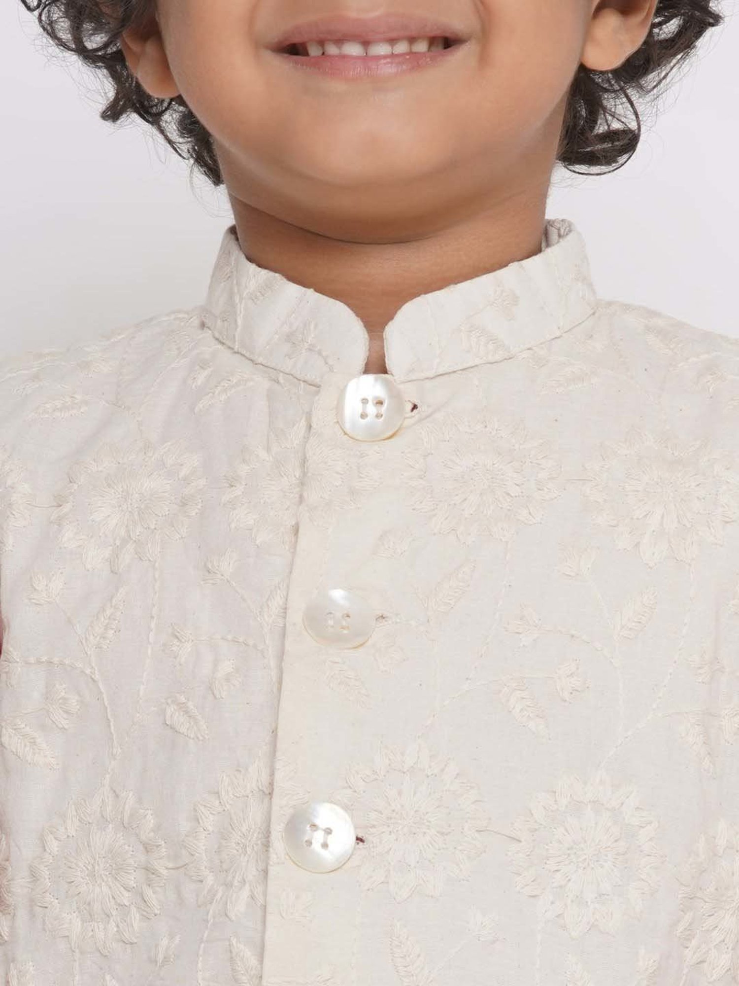 Little Bansi Red & White Cotton Embroidered Full Sleeves Kurta Set