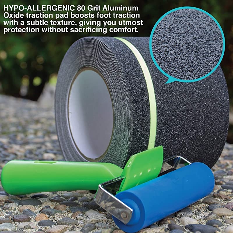 Slip Traction Tape with Glow in Dark Green Stripe and Free Application Roller 4 Inch x 30 Foot Best Grip Friction for Stairs Tread Step Black 4 inch X 30 feet Tape + Roller
