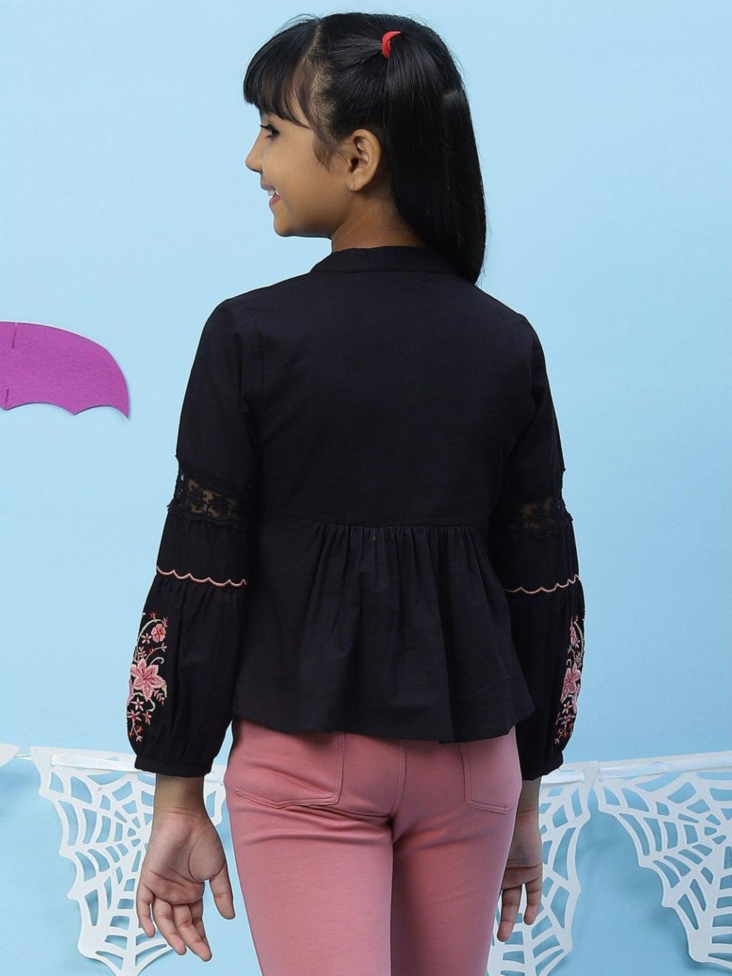 BIBA Girls Black Embroidered Top