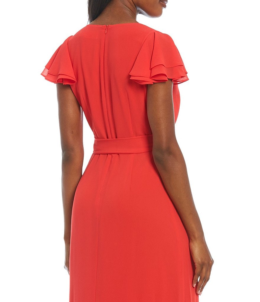 Eliza J Chiffon Ruffle Wrap Flutter Sleeve V-Neck Maxi Dress