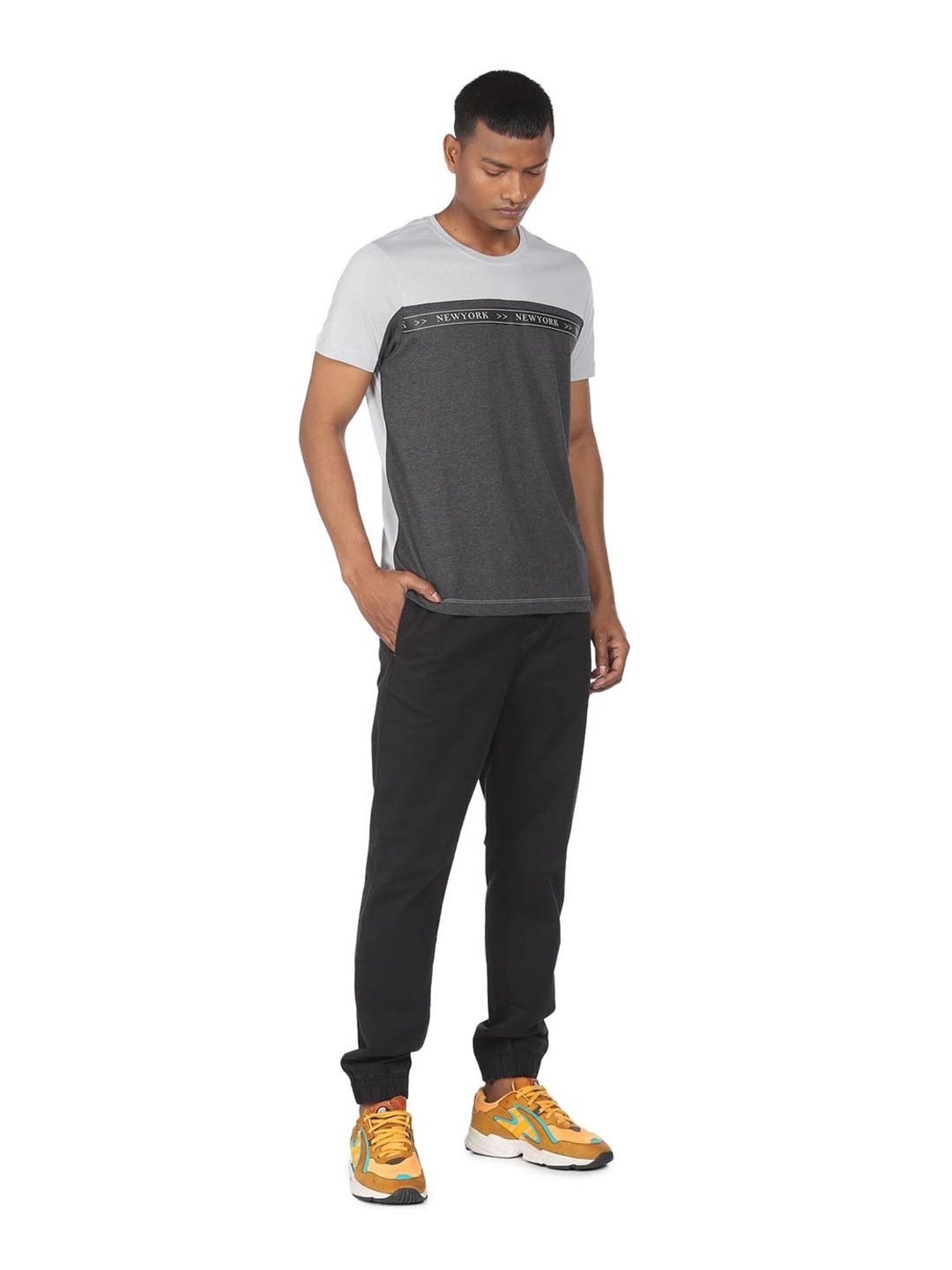 Arrow New York Grey Cotton Regular Fit Colour Block T-Shirt