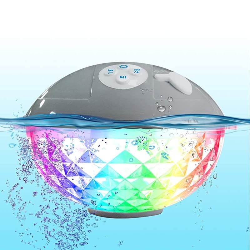 Speaker with Colorful Lights Floating Bluetooth Speaker IPX7 WaterproofBuiltin MicCrystal Clear Stereo Sound Speakers Bluetooth Wireless 50ft Range for Home Shower Outdoor Travel Gray