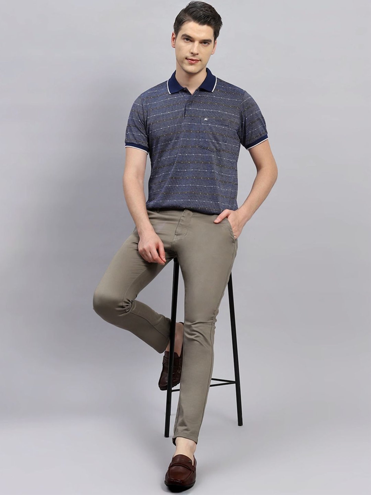 Monte Carlo Navy Blue Regular Fit Striped Polo T-Shirt