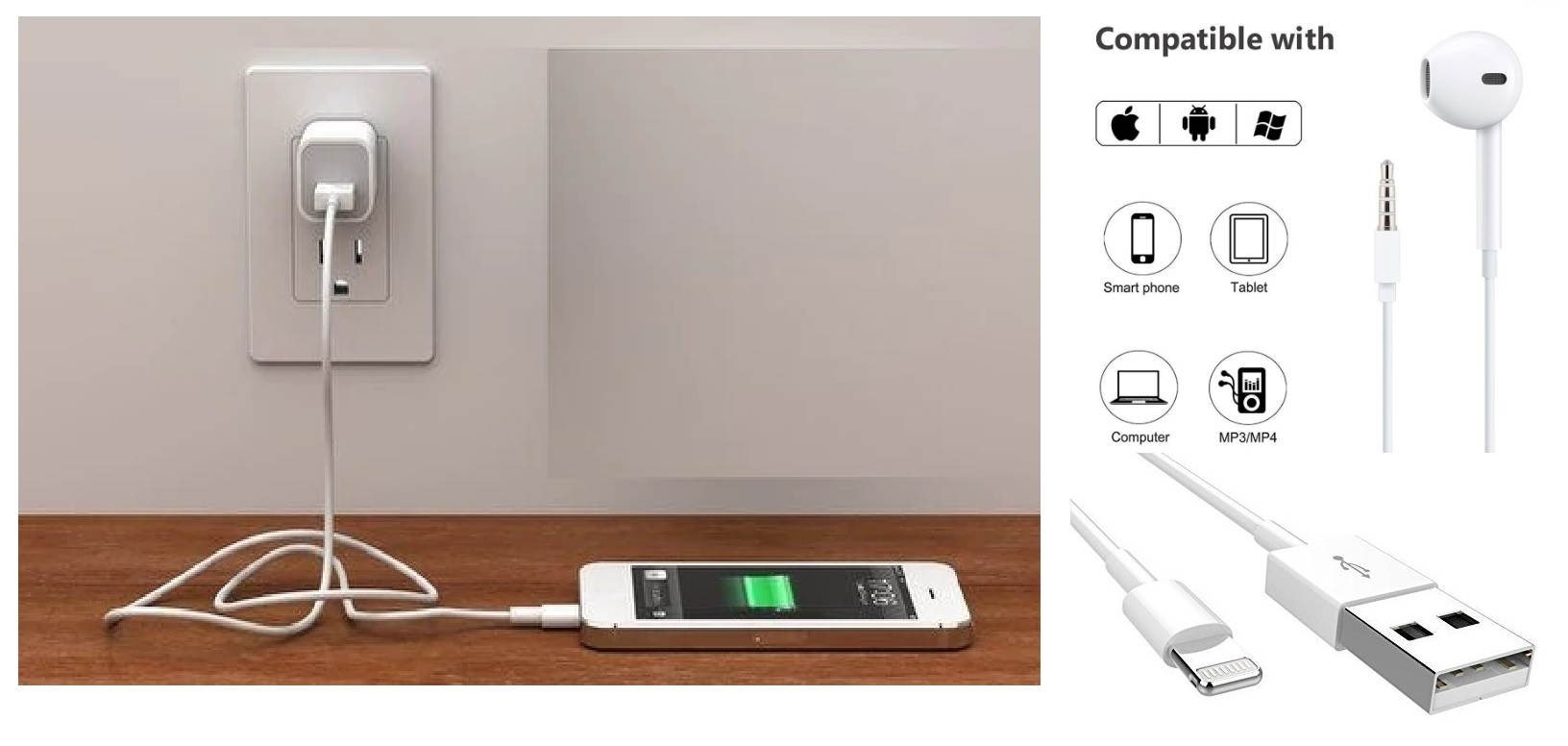 Wall, Lighting Cable & Headphone in Bulk - White