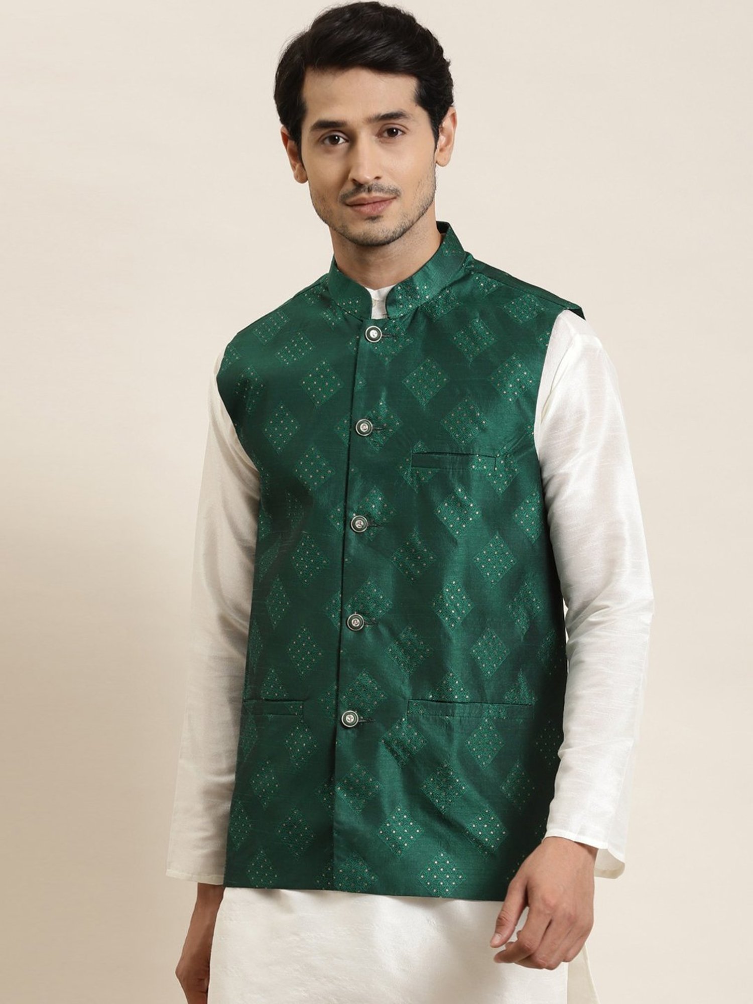 Sojanya Green Regular Fit Self Pattern Nehru Jacket