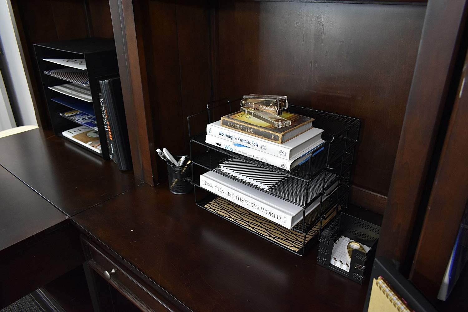 Blu Monaco Desk Organizers and Accessories Stackable Paper Tray - 4 Tier Stackable Letter Trays - Black Metal Mesh File Holder Organizer