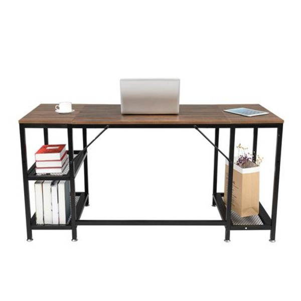 UKCOCO 59" Gaming Desk Computer Desk Home Office Desk Work Table Study Writing Table Workstation Desk with double shelf black for Home Office Furniture Wood Color