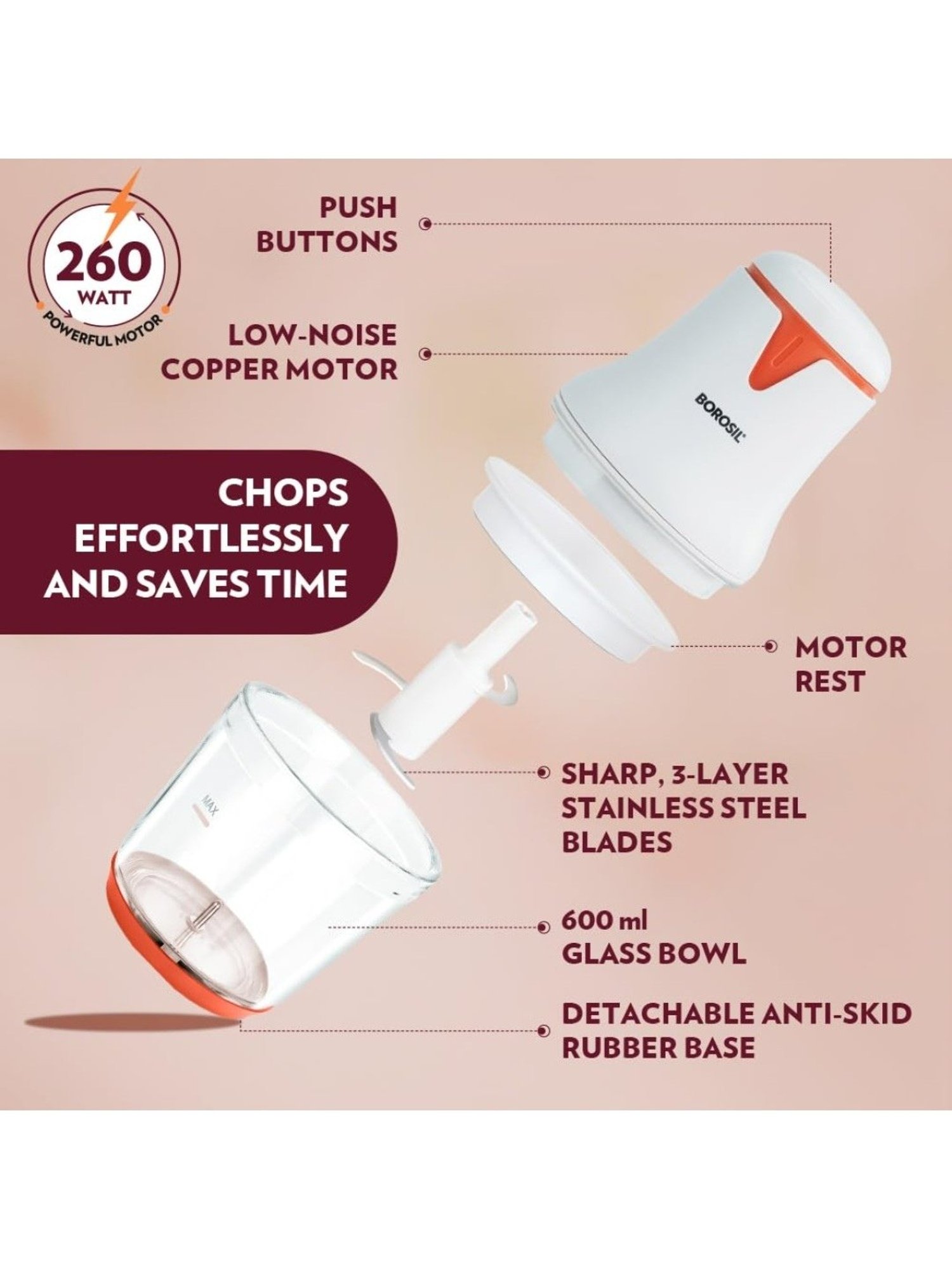 Borosil Chef Delite&iquest;Electric Chopper 260W with Whisking Blade (White)