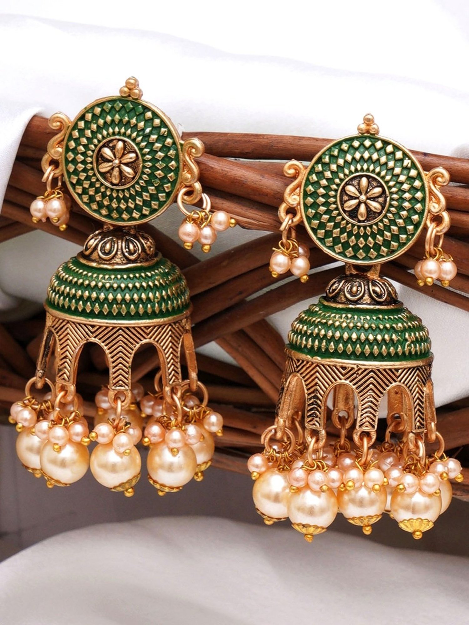 Karatcart Antique Gold-Plated Green Tomb Style Jhumki Earrings with Golden Pearl for Women
