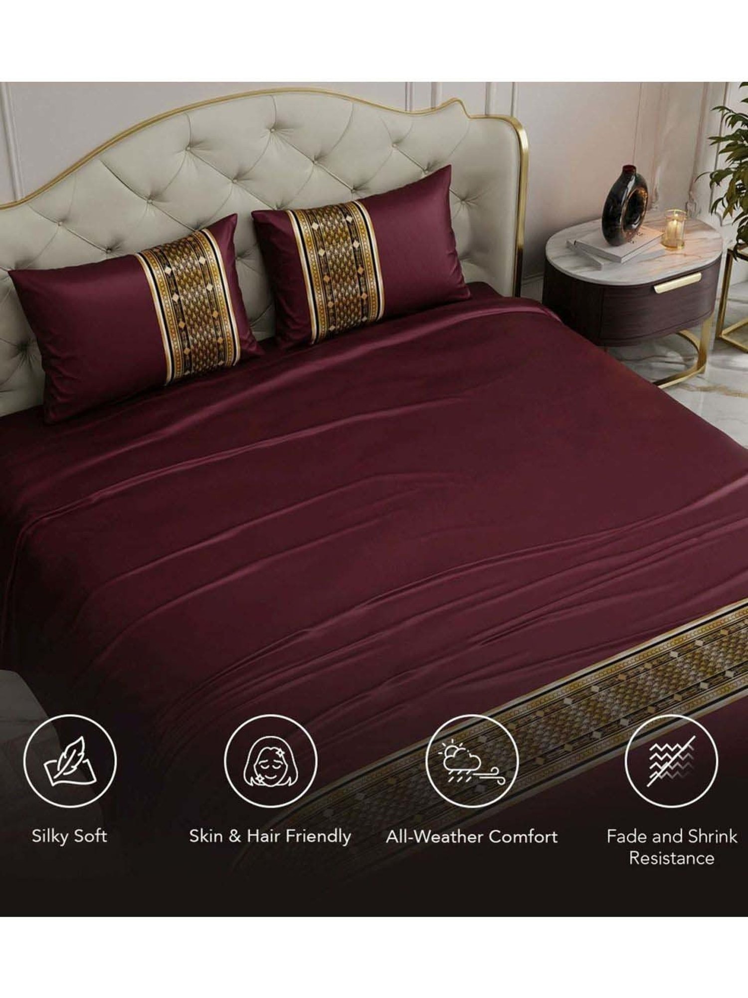Stoa Paris Versailles Maroon 300 TC Sateen Royal Treasures Double Bed Sheet with 2 Pillow Covers