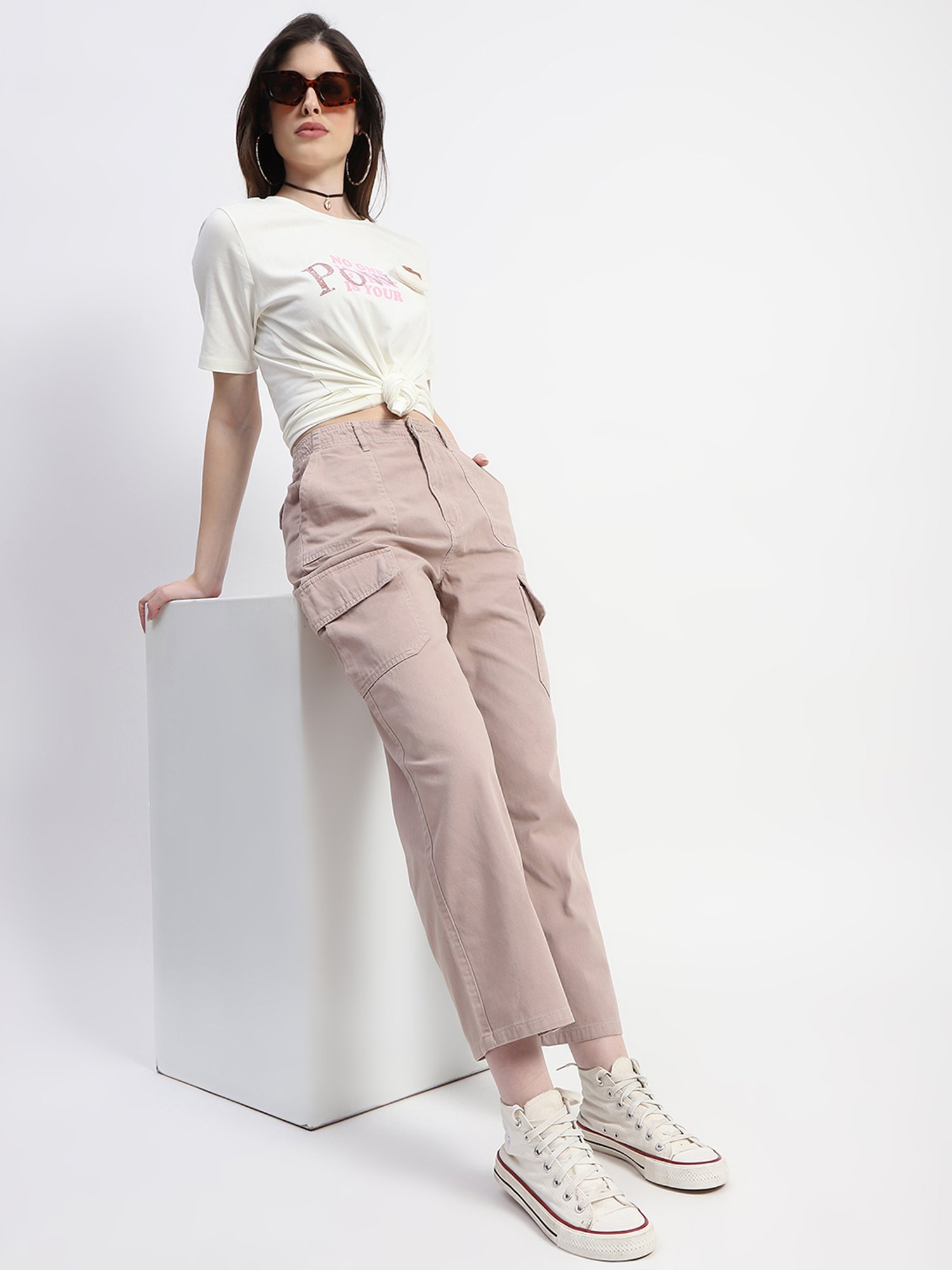 MADAME Off White Cotton Embellished T-Shirt