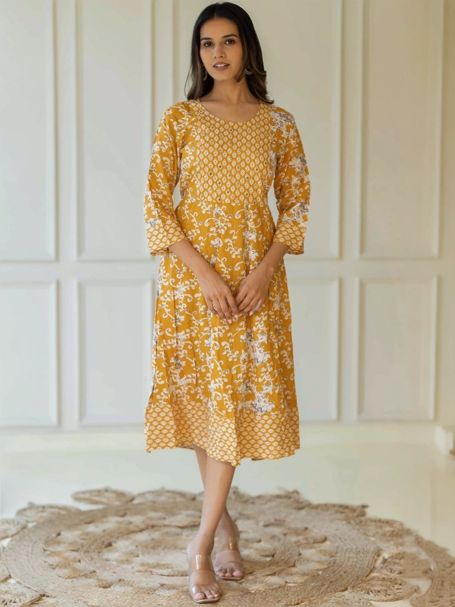 MIRCHI FASHION Yellow Cotton Printed A-Line Dress