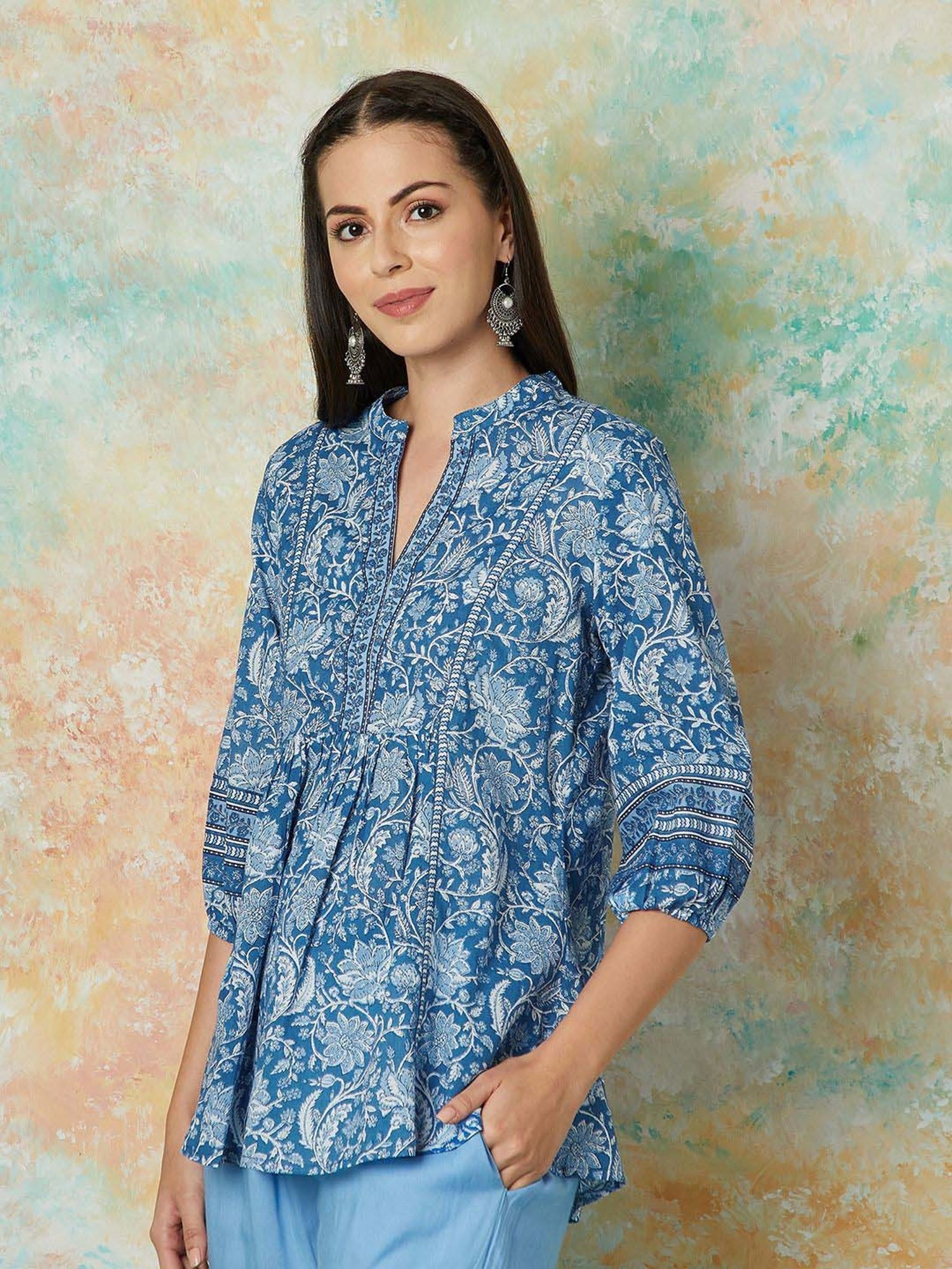 Melange by Lifestyle Blue Cotton Floral Print Tunic
