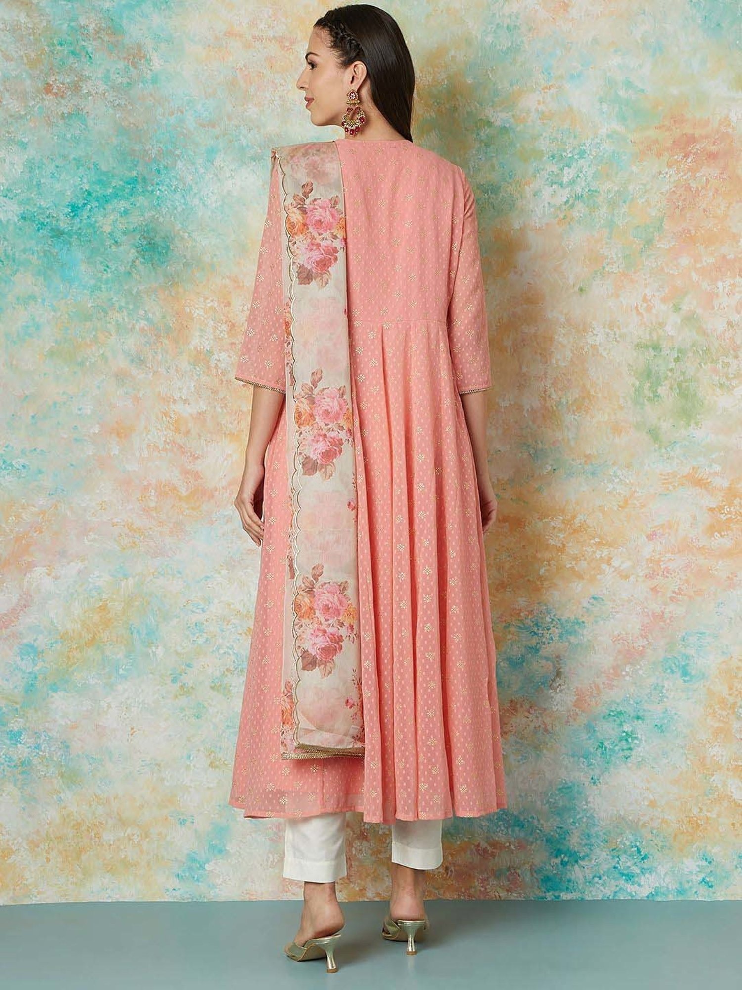 Melange by Lifestyle Peach Embroidered Kurta & Pant Set With Dupatta