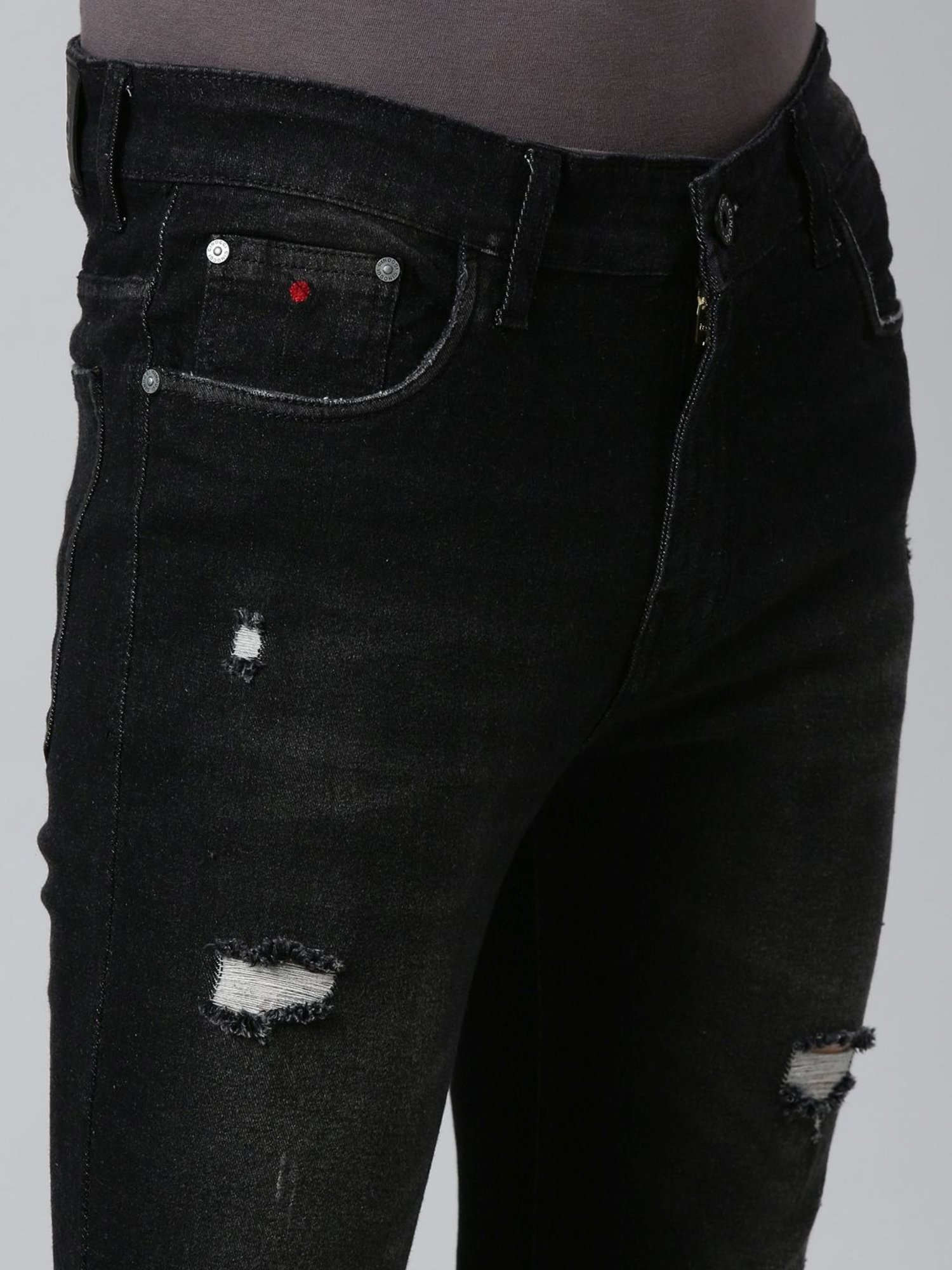 CINOCCI Cool Black Cotton Slim Fit Distressed Jeans