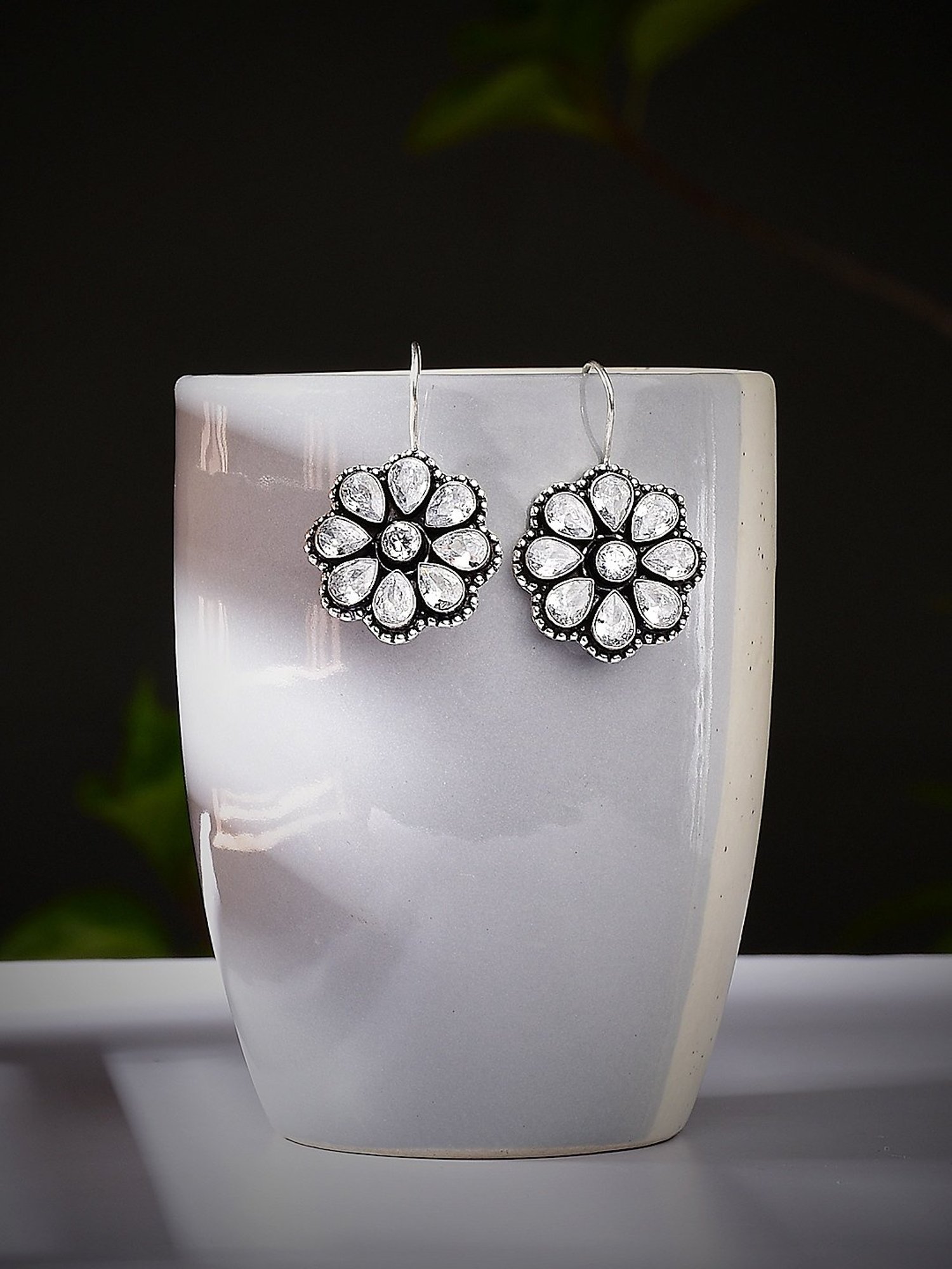 Imli Street Silver Tone Stone-Studded Handcrafted Drop Earrings