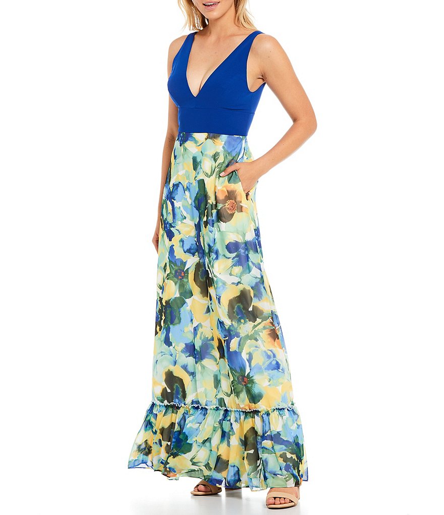 Aidan Aidan Mattox Deep V-Neck Floral Skirt Maxi Chiffon Dress