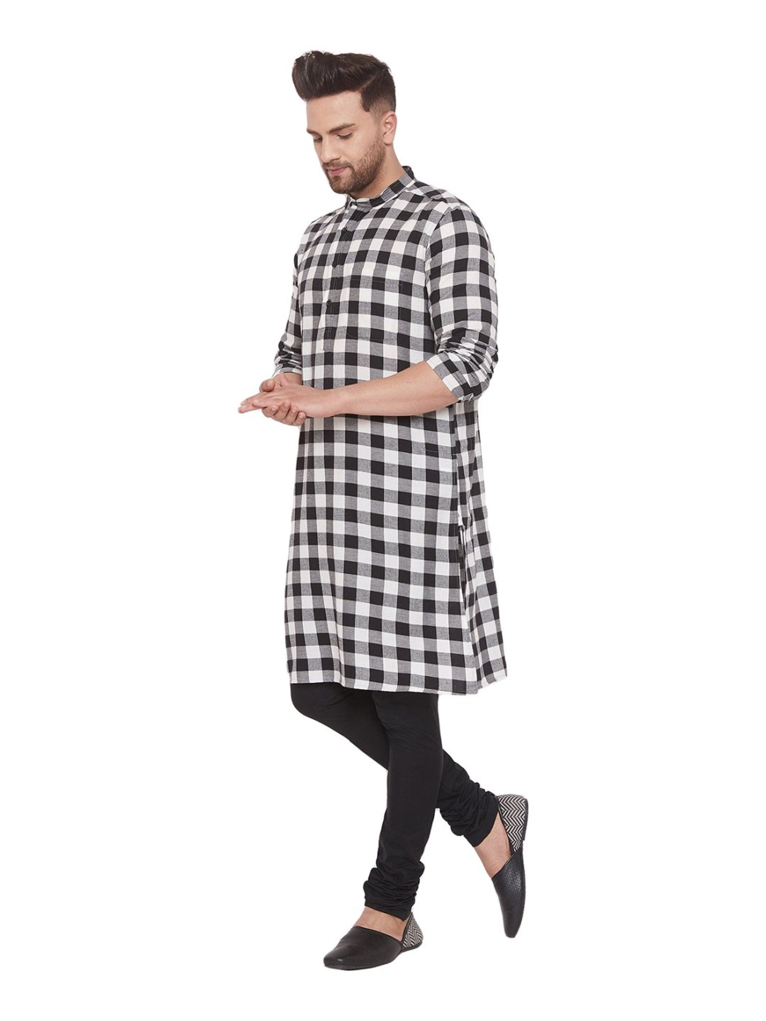 Even Black & White Cotton Regular Fit Checks Kurta