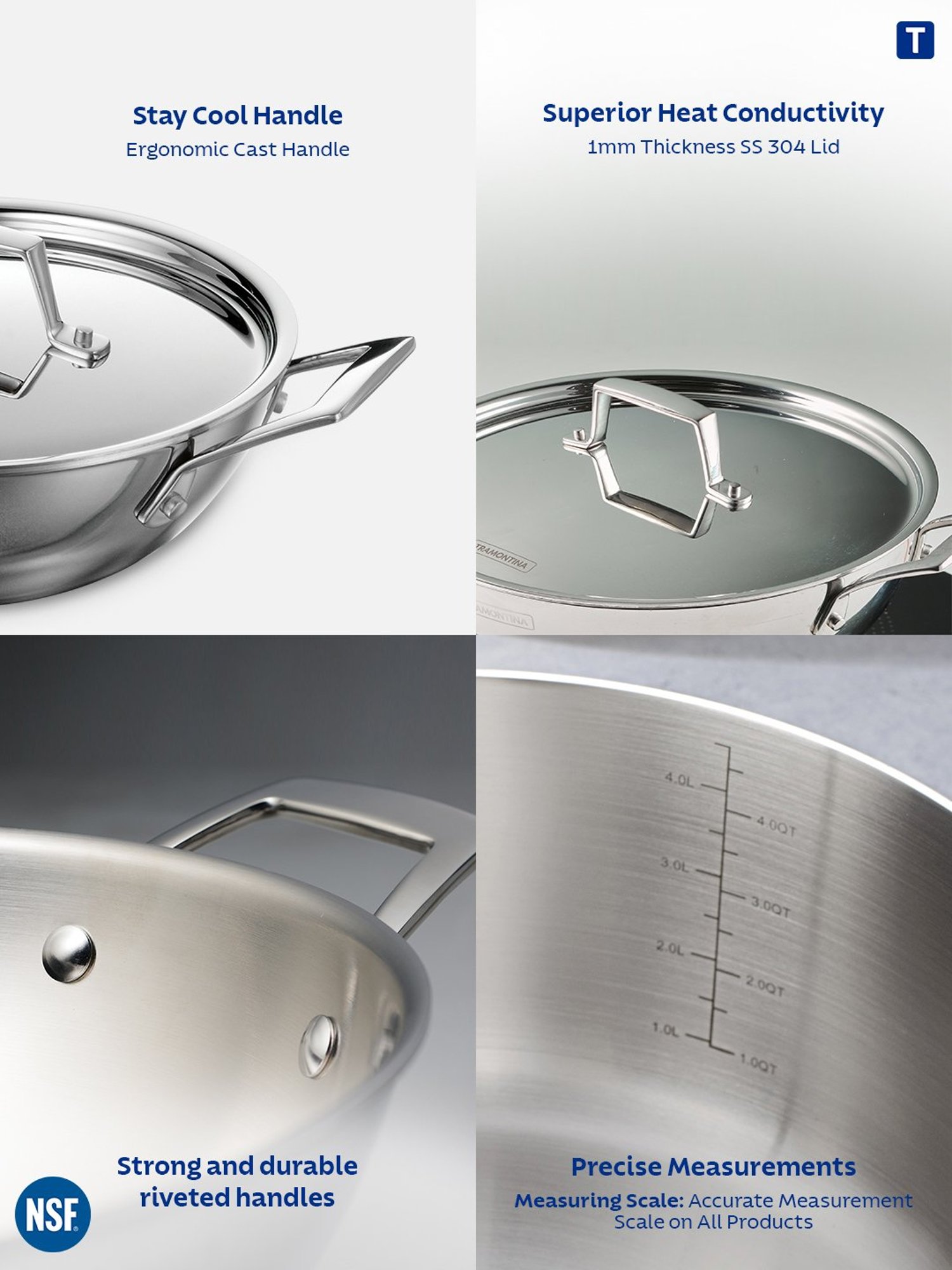 Tramontina Aeion Triply Non-Toxic Stainless Steel Kadai with lid 30cm/5.7L NSF Certified