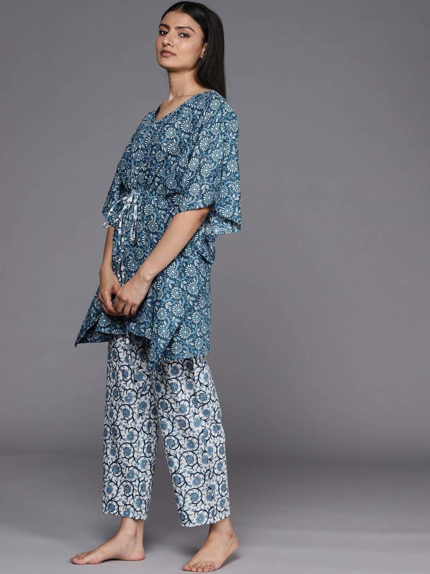 Libas Blue Cotton Printed Short Kaftan Pant Set