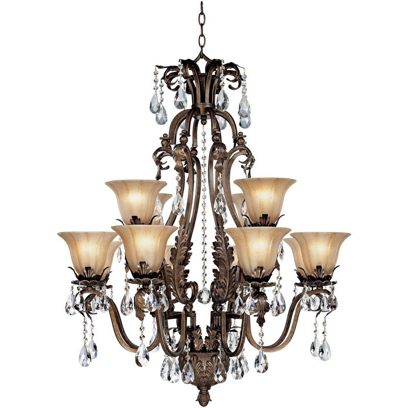 Regency Hill Roman Bronze Large Chandelier 34" Wide Two Tier Iron Leaf Crystal Creme Smoke Glass 12-Light Fixture for Dining Room
