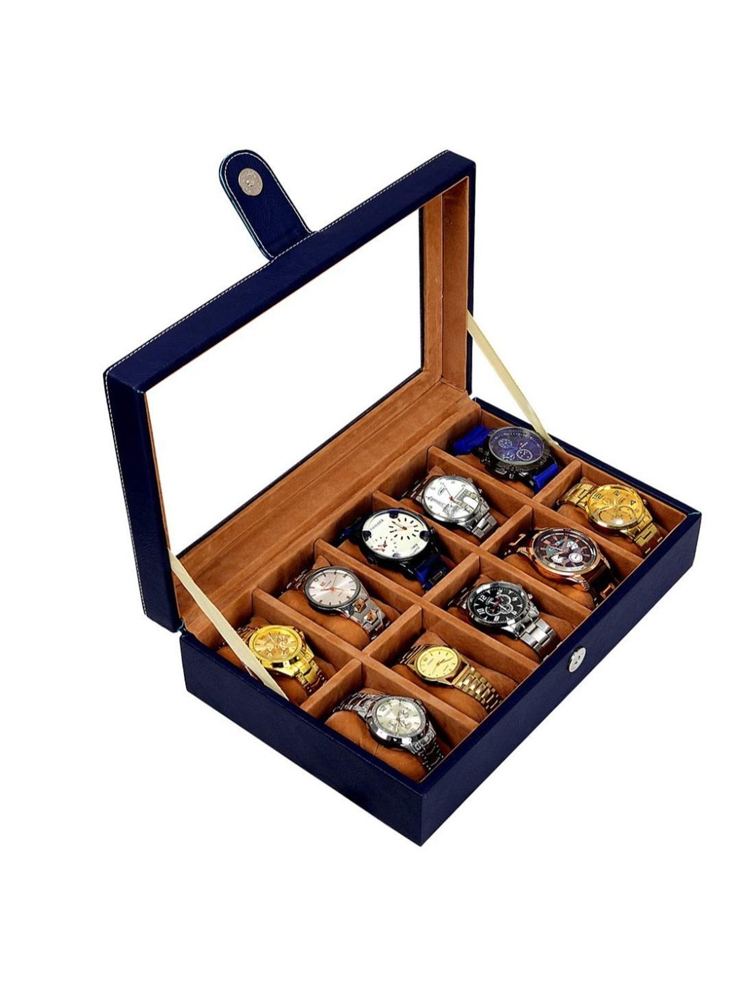 Leather World Blue Watch Box Holder Organizer Case in 10 Slots