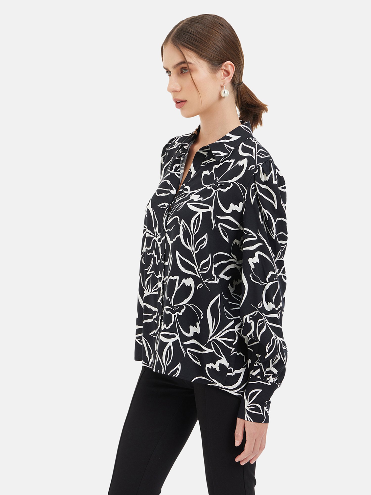 Kazo Black & White Viscose Floral Print Shirt