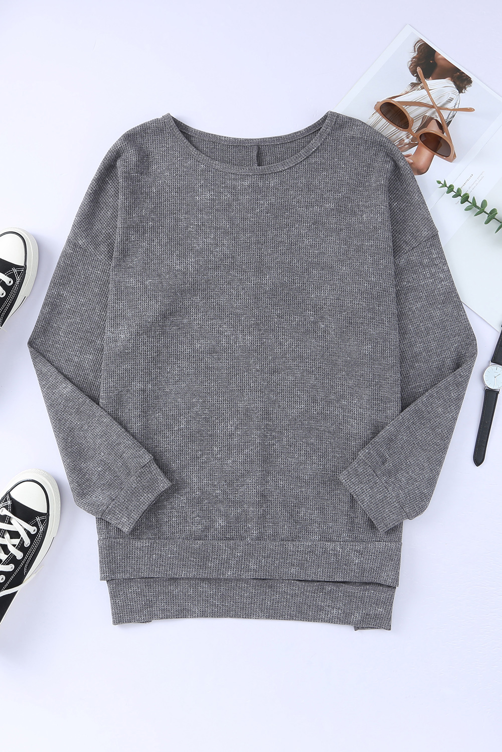 Grey Drop Shoulder Side Slit Pullover Long Sleeve Top