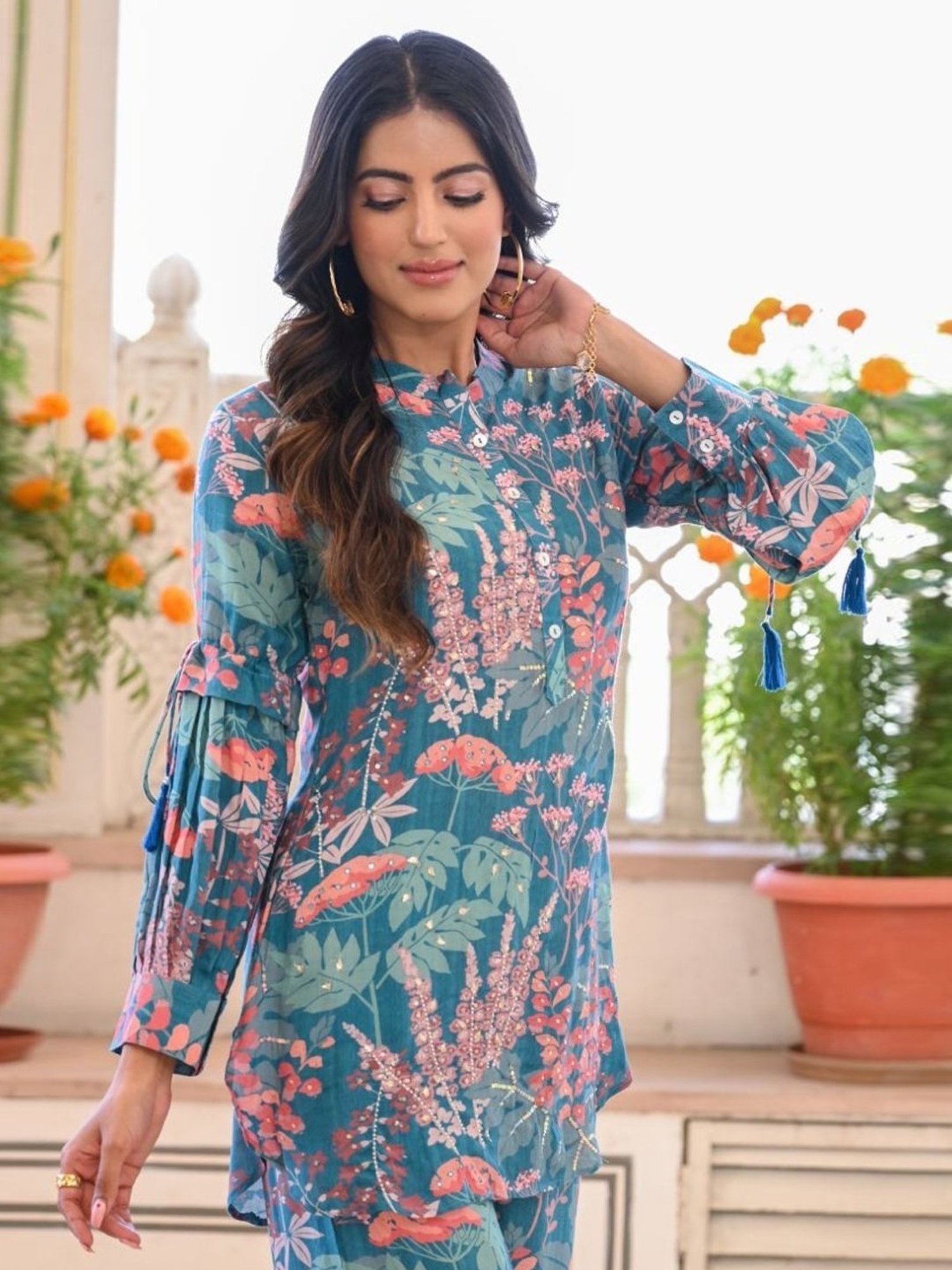 Mahee Jaipur Blue Leafy Tunic with Pant Co-ord Set