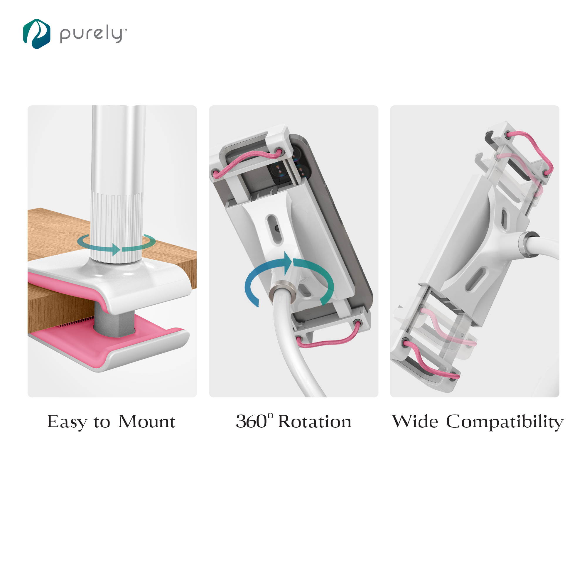 Purely Gooseneck Phone and Tablet Holder Deluxe | 39&rdquo; Flexible Arm with Clip Mount 4" to 12.9" Devices - Compatible with iPad Pro, Mini & Samsung Galaxy Tab - Desk, Bedside, Headboard Stand