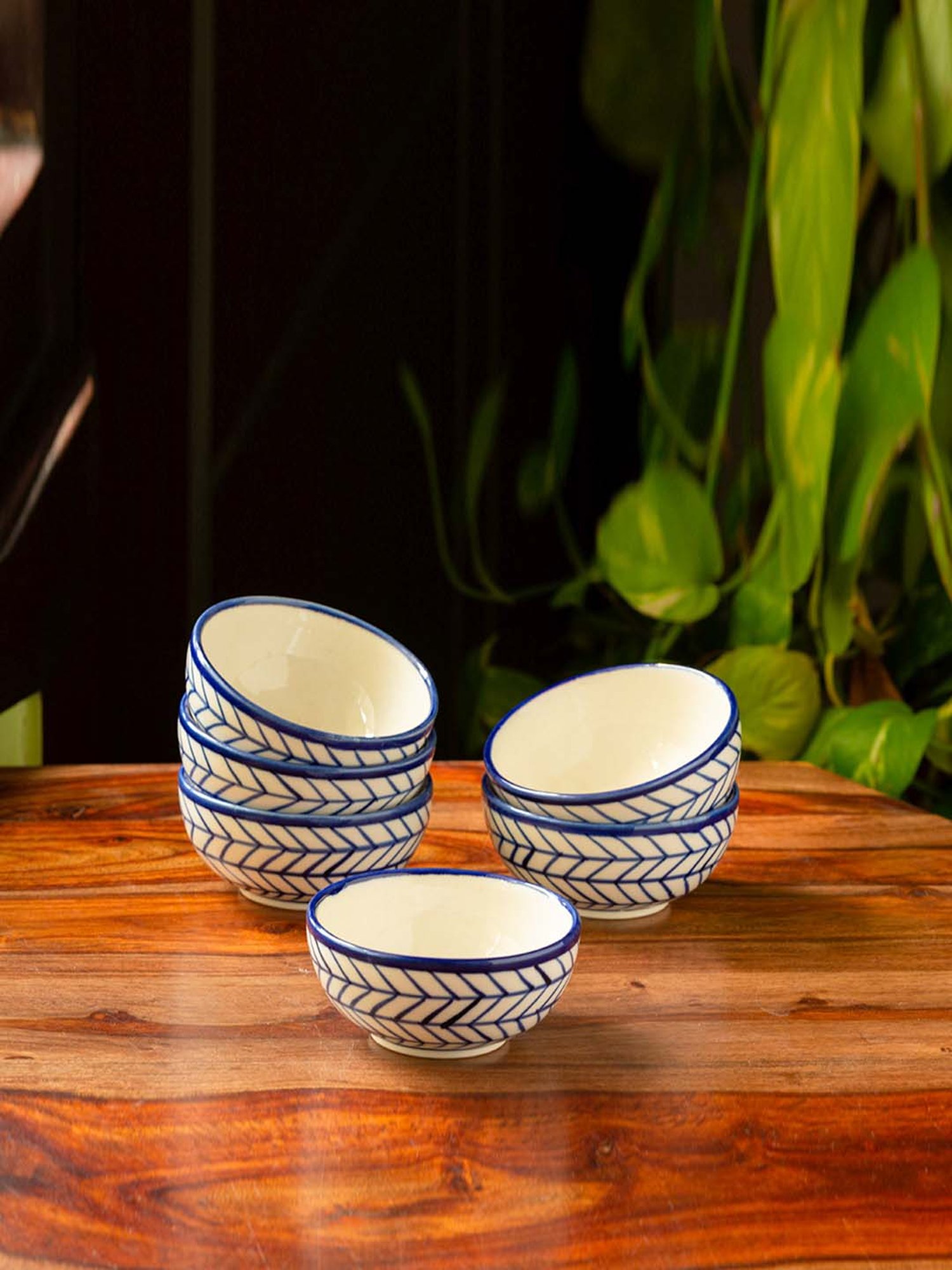 ExclusiveLane 'Indigo Chevron' Hand-painted Ceramic Dining Bowl Katoris (Set of 6, 160 ml)