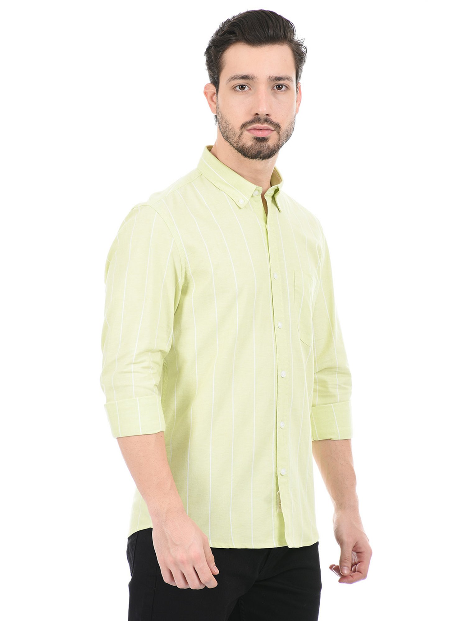 London Fog Light Green Regular Fit Striped Cotton Shirt
