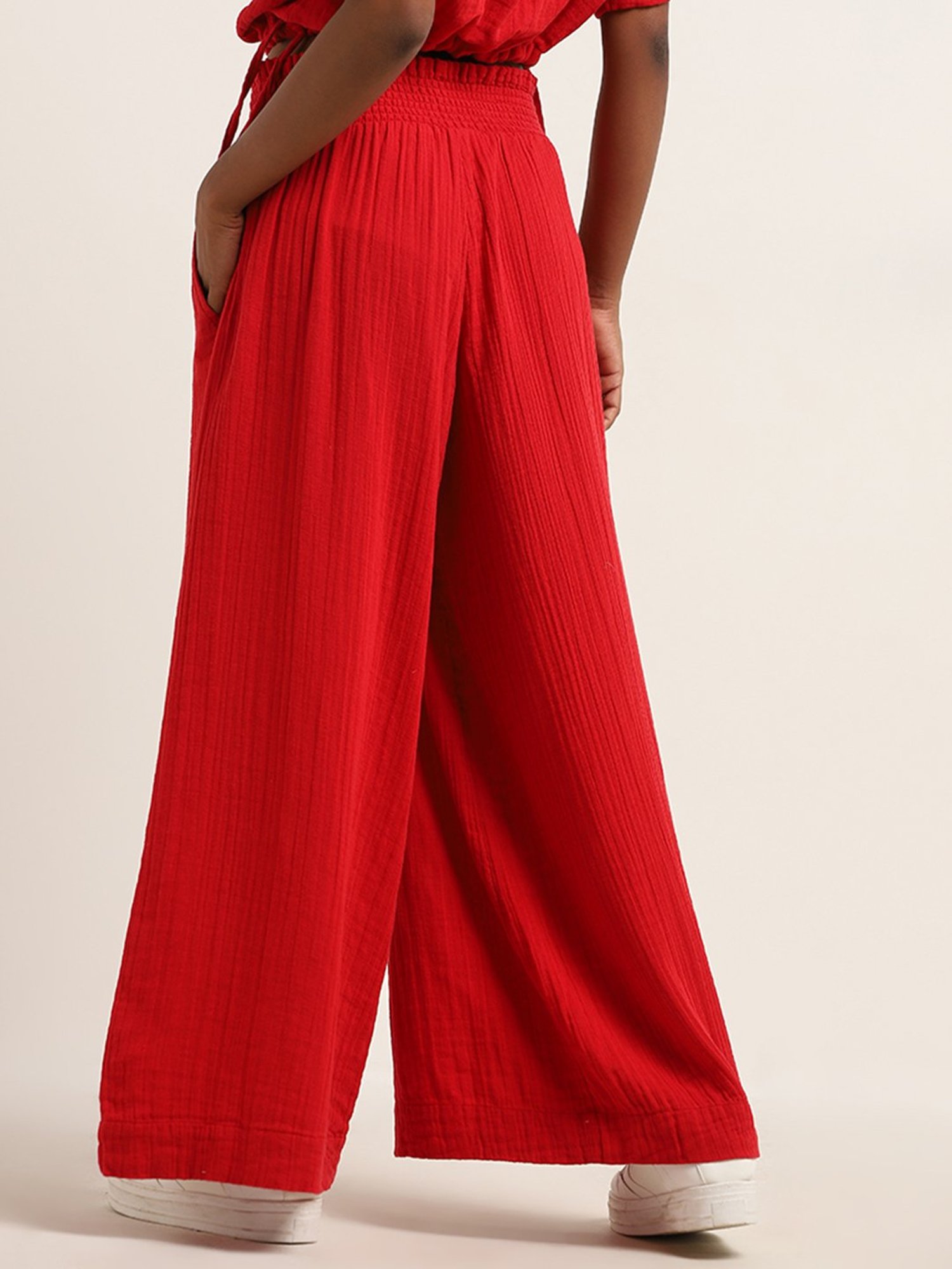Superstar by Westside Red Crinkle Textured High-Rise Cotton Pants