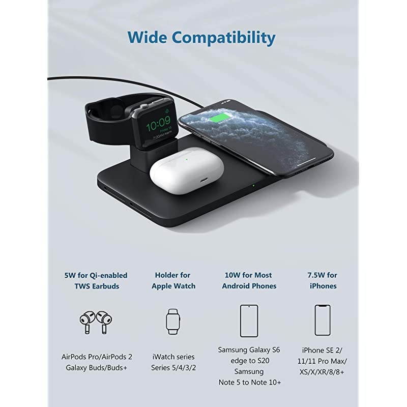 3 in 1 Wireless Charger Wireless Charging Pad for AirPods Pro2 Charging Dock for iWatch 5432 75W Qi Fast Charge for iPhone 1111 Pro MaxSE 2XS MaxXRXSX88PNo AdapteriWatch Cable