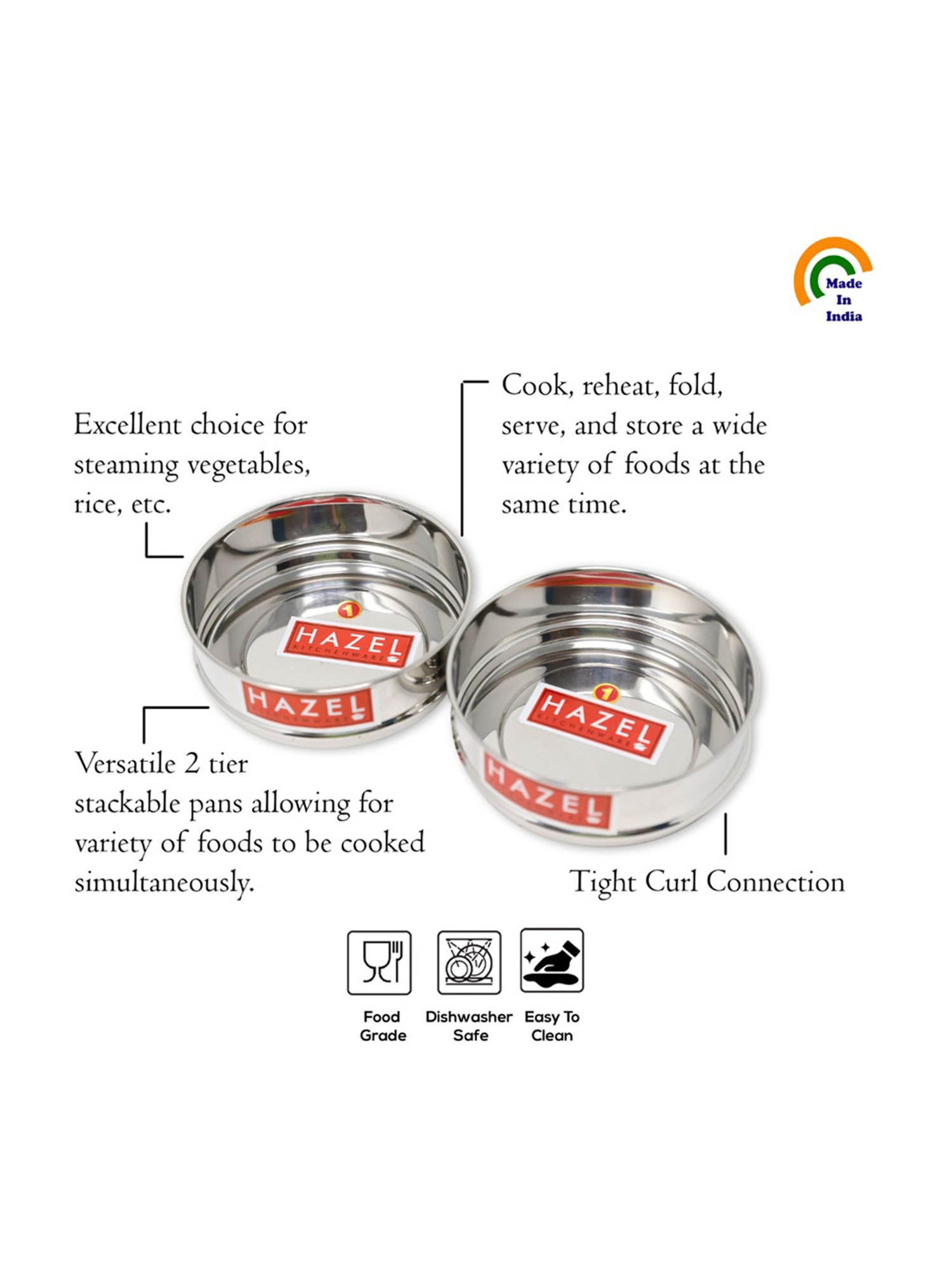 HAZEL Silver Stainless Steel Flat Cooker Dabba 500ml (each) - Set of 2