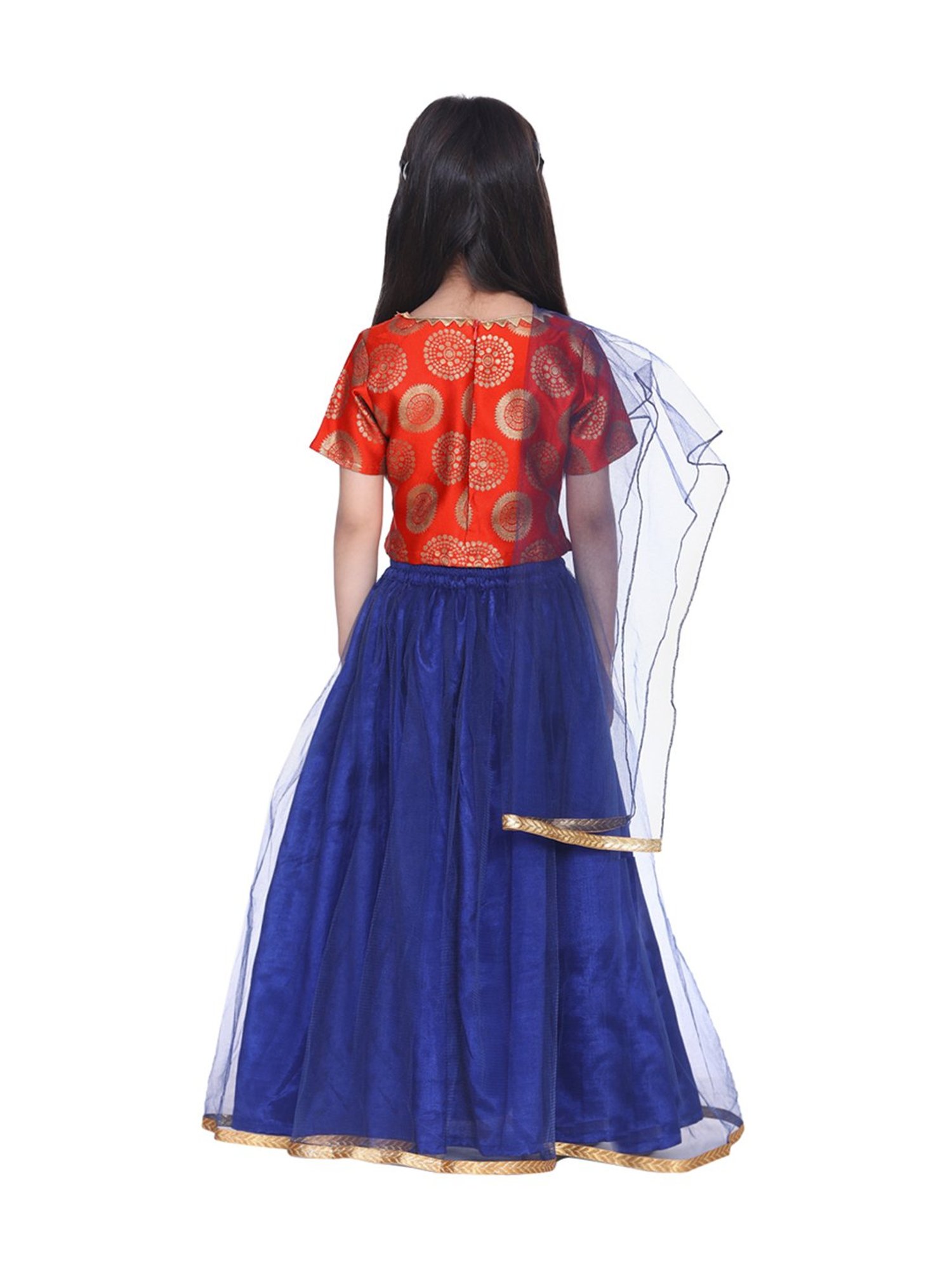 BownBee Kids Orange & Blue Zari Work Lehenga Choli With Dupatta