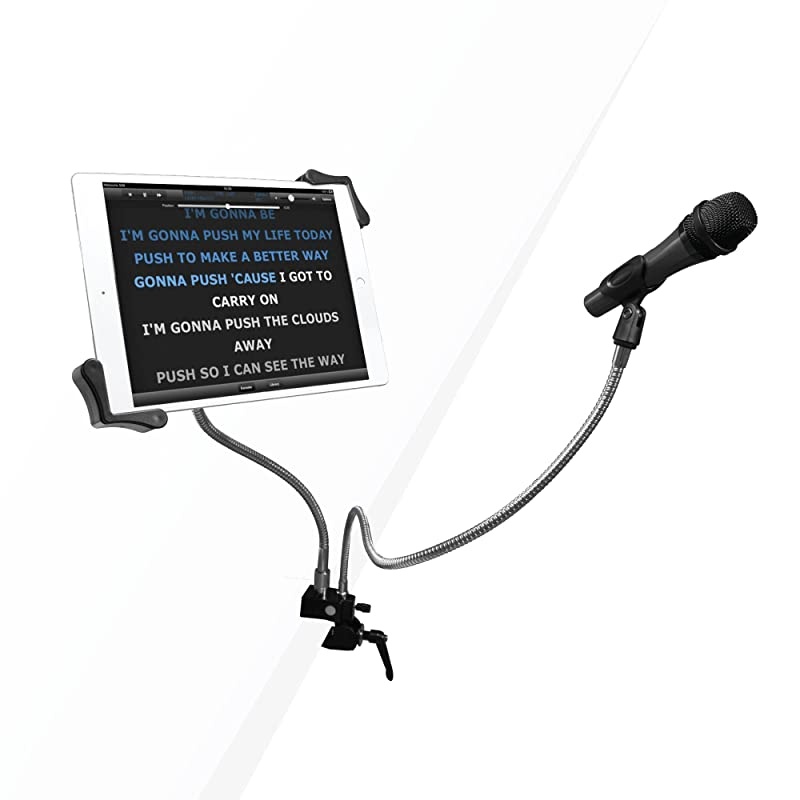 PAD-MTG Microphone Clip and 7-13 Inch Tablet Holder Gooseneck Clamp Stand for Karaoke/DJ/Recording/Performance