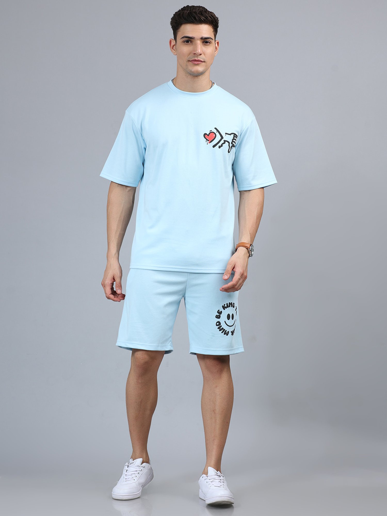 Bushirt Sky Blue Loose Fit Printed Cotton T-Shirt & Shorts Set