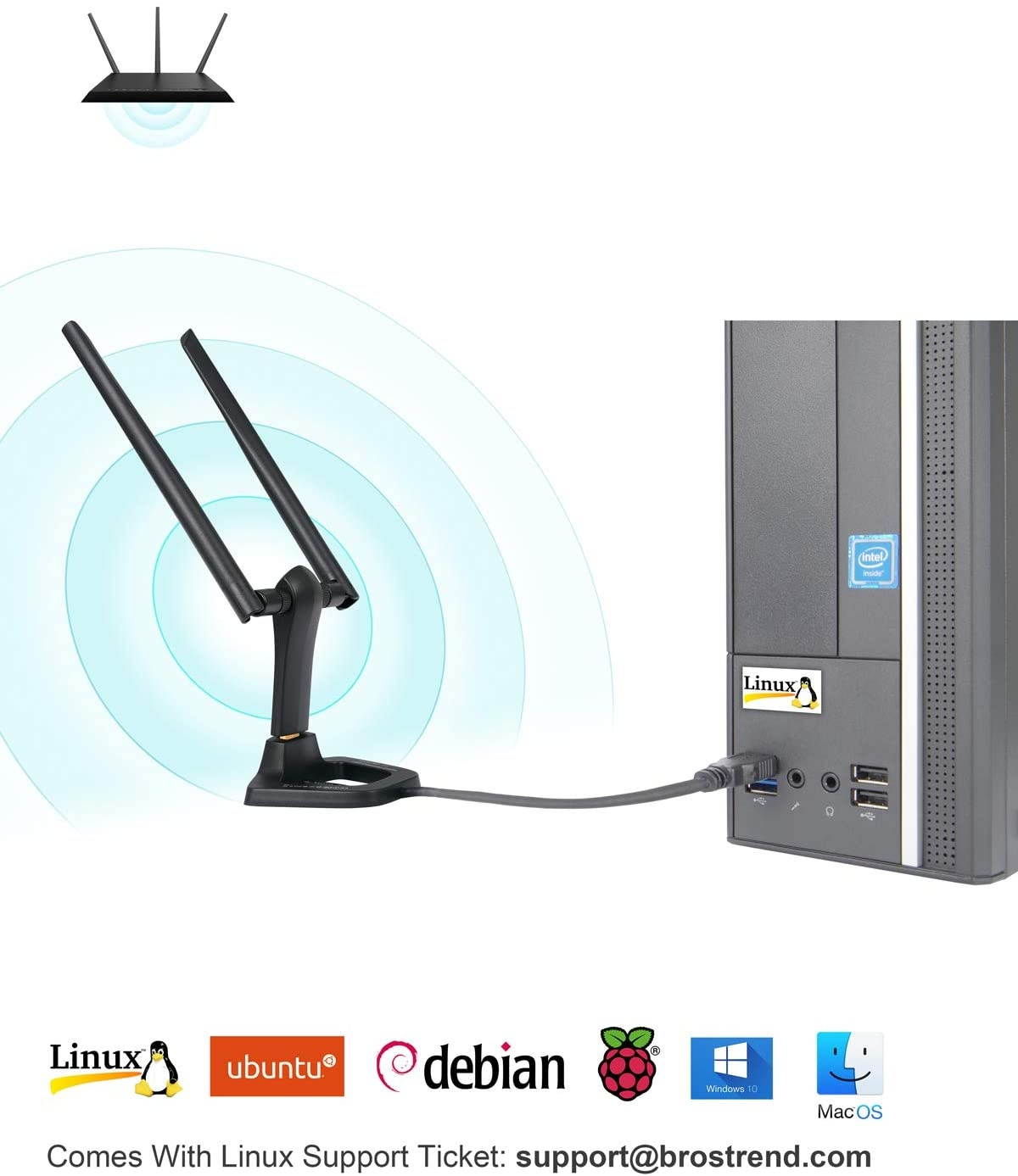 1200Mbps Linux USB WiFi Adapter for Desktop, Laptop of Ubuntu, Mint, Kali, Debian, Lubuntu, Xubuntu, Zorin, Raspbian, Raspberry Pi, Windows 10-XP, 5GHz / 2.4GHz, 2 X 5dBi Antennas, USB 3.0